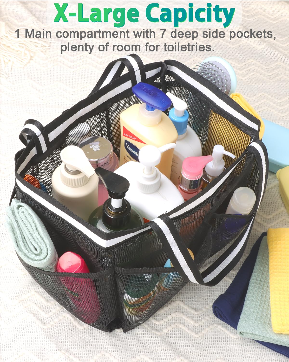 Fiezkaa Mesh Shower Caddy Portable Shower Bag For College Dorm Camping Travel Gym(Black)
