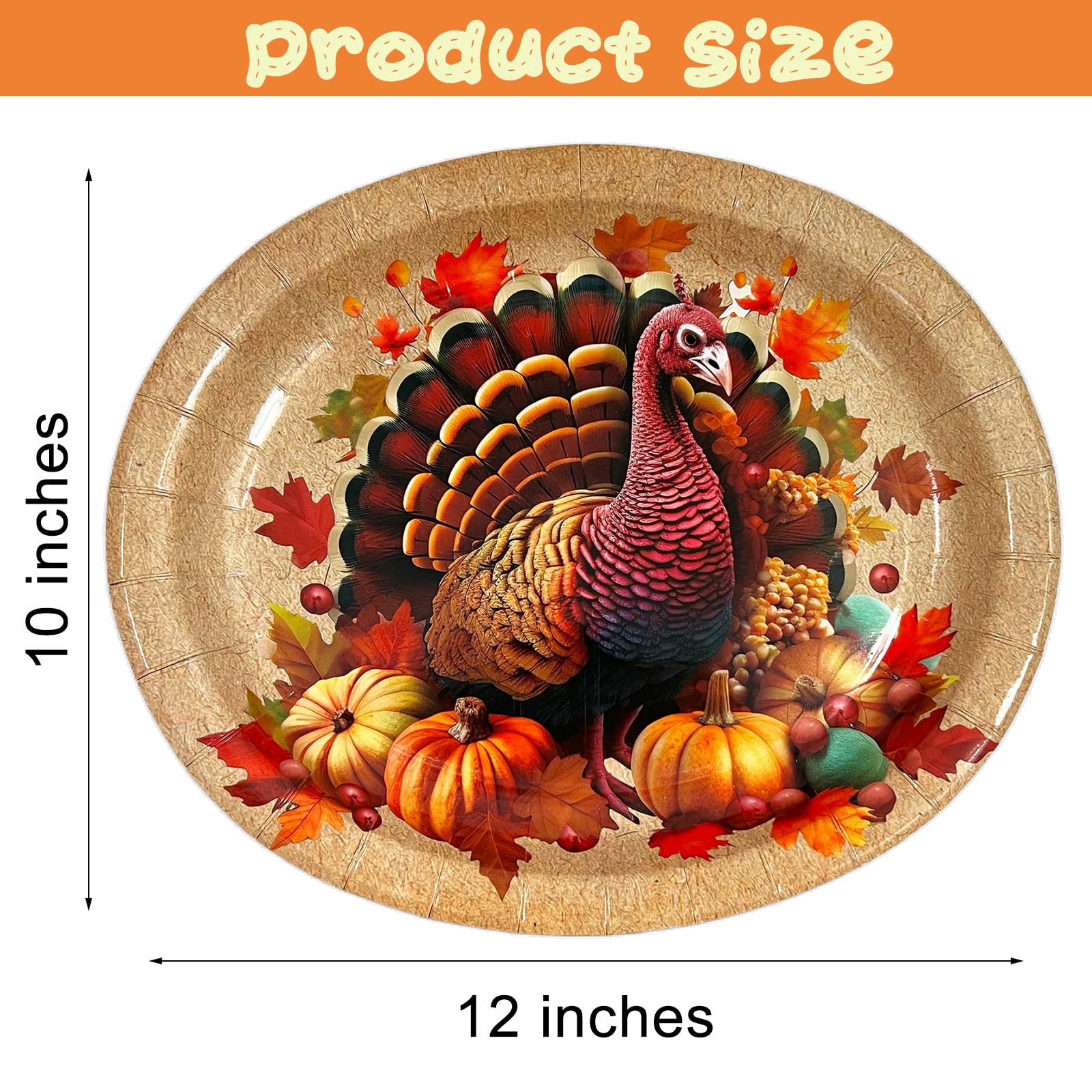GLMFAD Thanksgiving Paper Plates Disposable Oval 24Pcs Large Turkey Thanksgiving Plates Table Decor 10 x 12 Fall Leaves Dinn