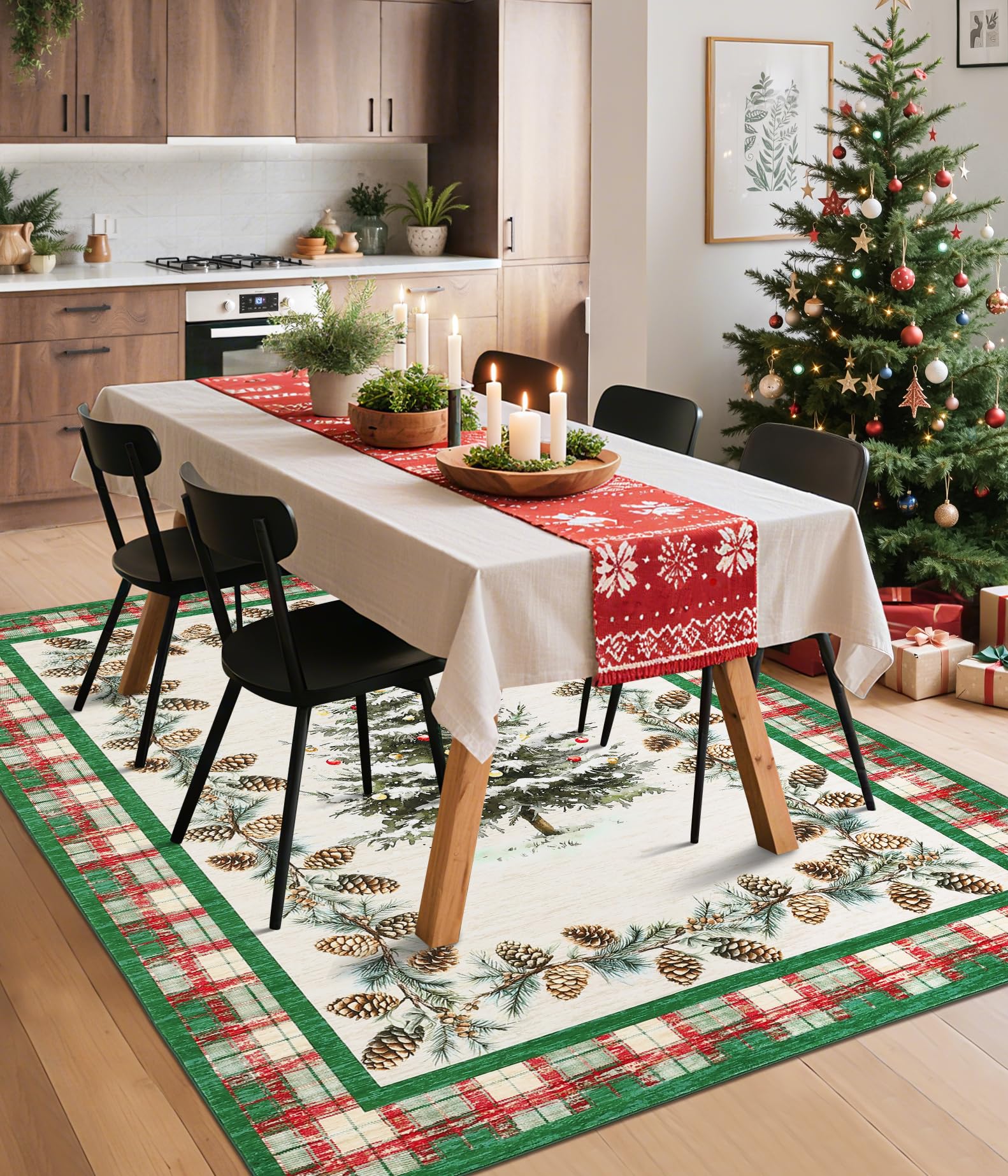 GarveeHome Green Christmas Rug 3x5 Washable Holiday Area Rugs for Living Room, Non-Slip Christmas Tree Checkered Rug for Bedroom