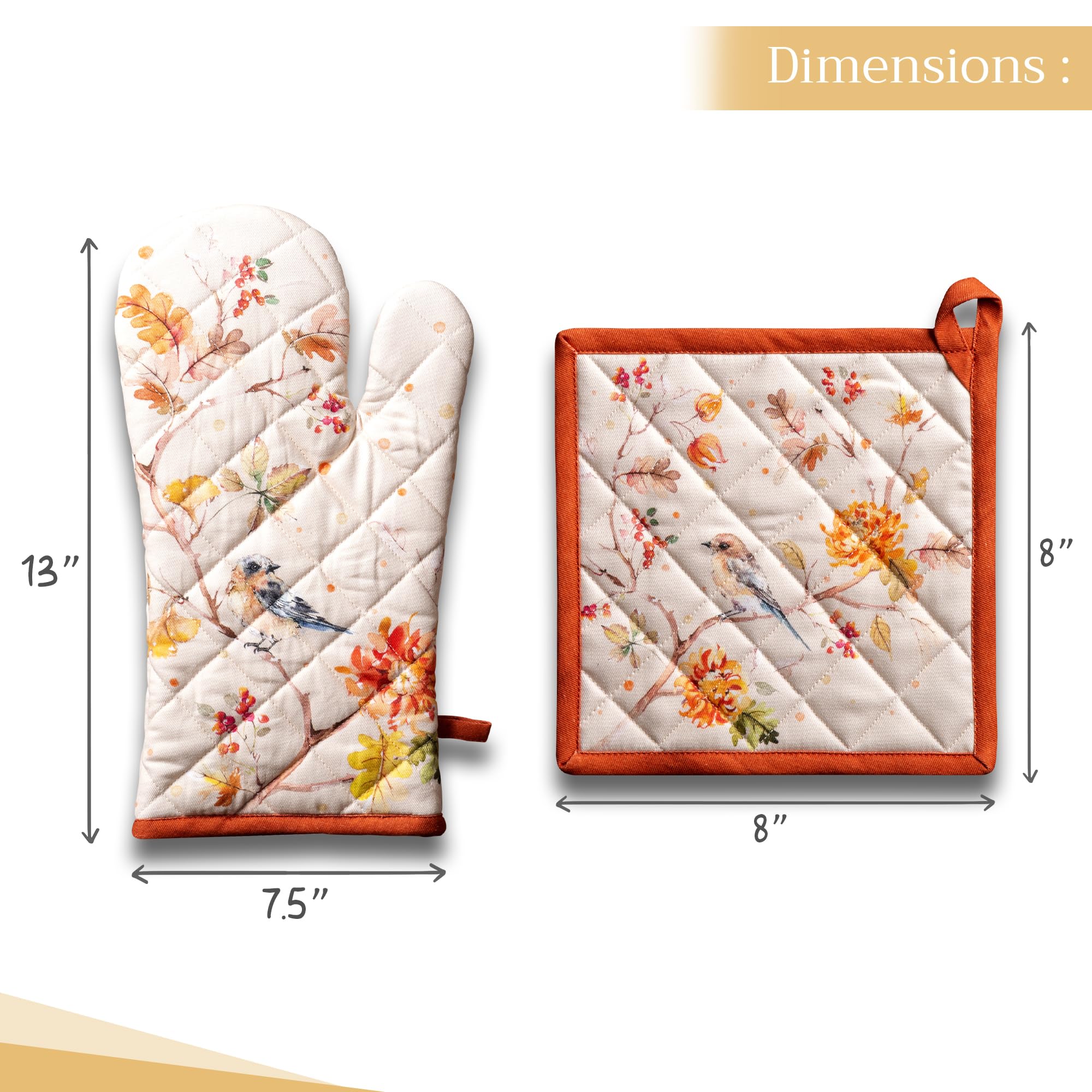 Maison d' Hermine Oven Mitt + Pot Holder 100% Cotton Kitchen Oven Mitt (7.5''x13'') & Pot Holder (8''x8'') for Gifts  Chef  Cooking  Baking  Grilling  Kelim - Prairie - Thanksgiving/Christmas