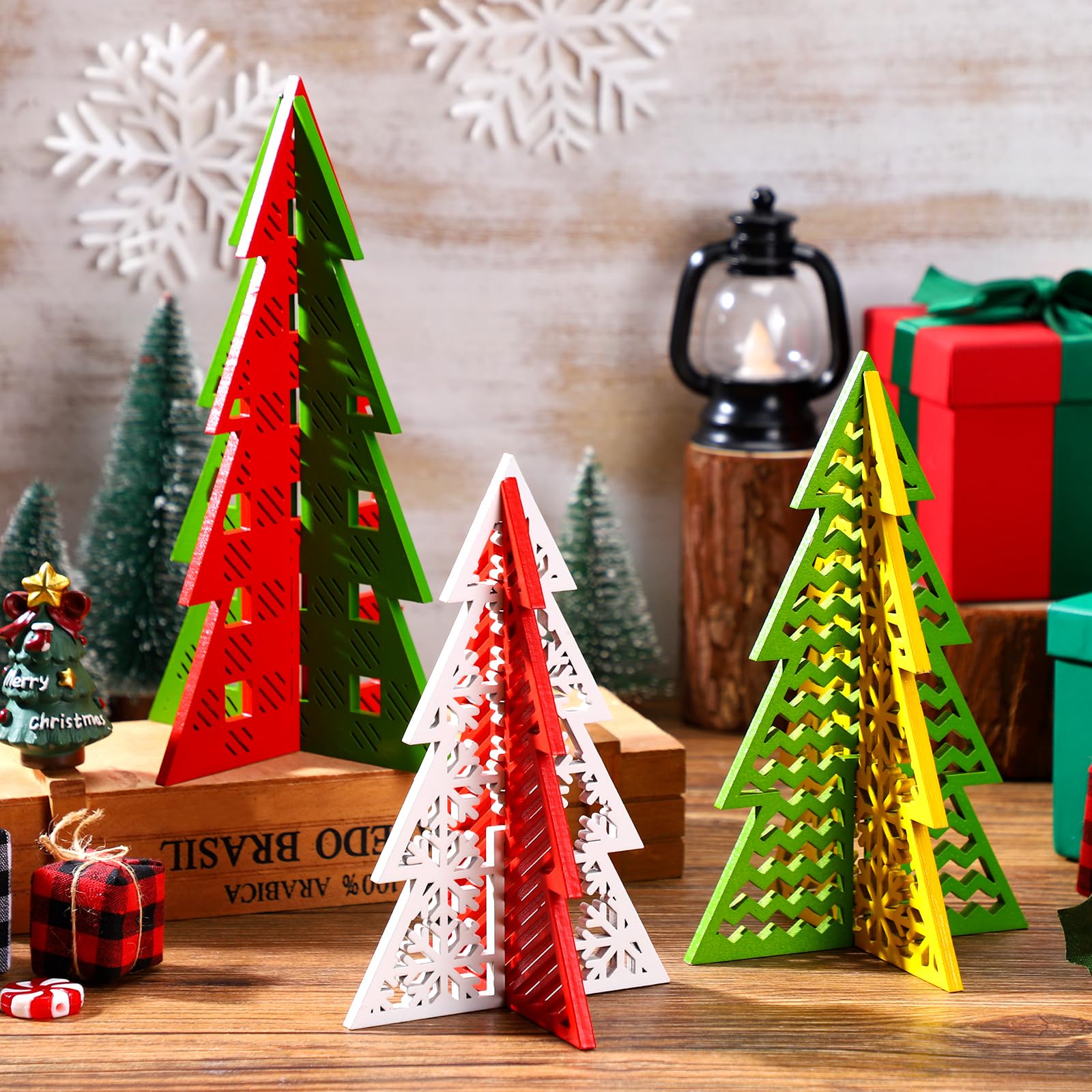 Maitys 12 Pcs Christmas Decoration 4 Sizes Wooden Tree Tabletop Decoration Merry Christmas 3D Sign Green Red Freestanding Engrav