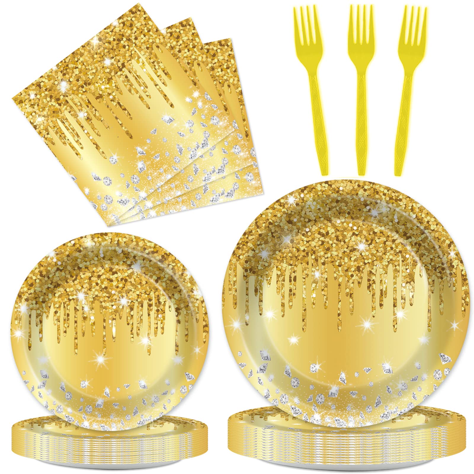 96 Pcs Gold Birthday Tableware Set For Golden Themed Happy Birthday Party Supplies Golden Diamond Dinner Plates Gold Napkins For