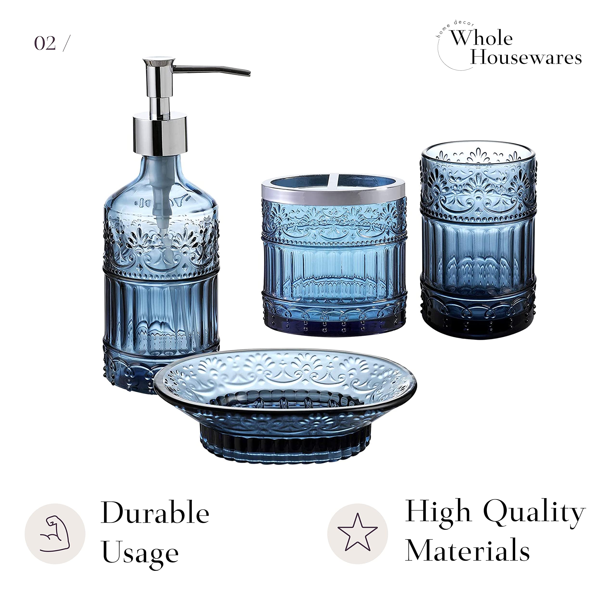 Whole Housewares | Premium Bathroom Accessory Set | 4-Piece Decorative Blue Glass Bathroom Decor Accessories Set | Soap Dispense