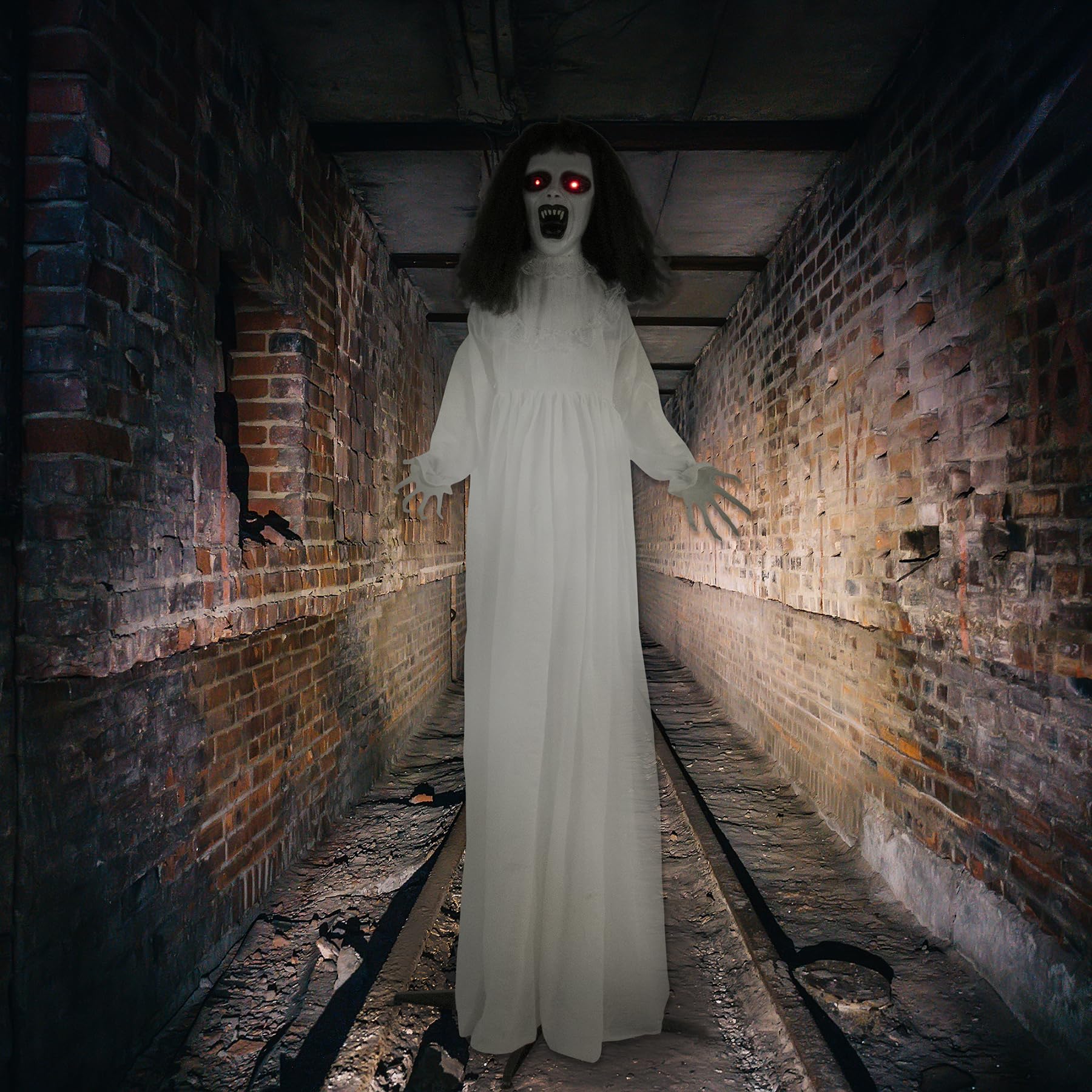 Haunted Hill Farm Life-Size Scary Demon Bride Halloween Animatronic with Touch Activated Lights and Sound, Battery Operated Indo