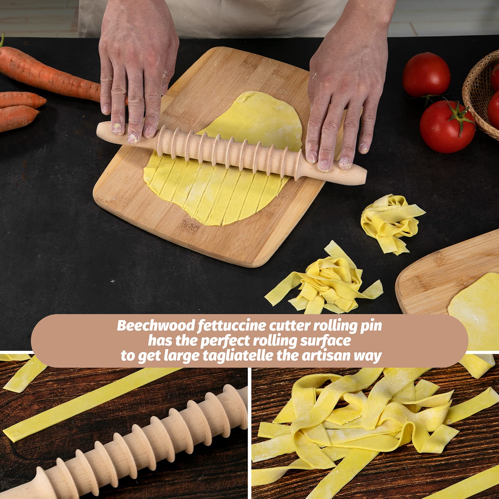 G Beech Wood 14Mm Pappardelle Pasta Cutter Noodle Lattice Roller Docker Dough Cutter Wooden Rolling Pin Spaghetti Pasta Maker Be