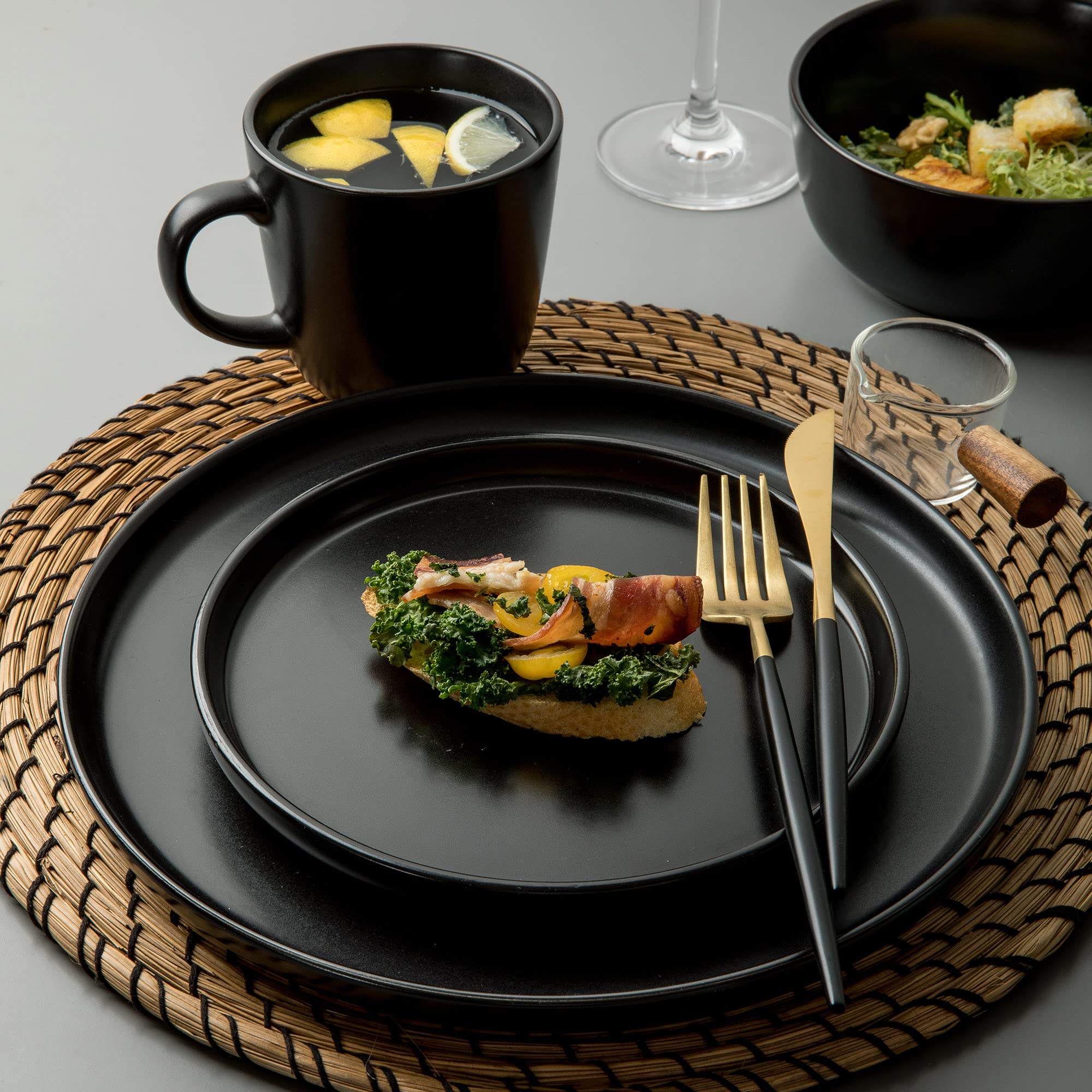 ARORA SKUGGA Round Stoneware 16pc Double Bowl Dinnerware Set for 4, Dinner Plates, Side Plates, Cereal Bowls, Pasta Bowls - Matt