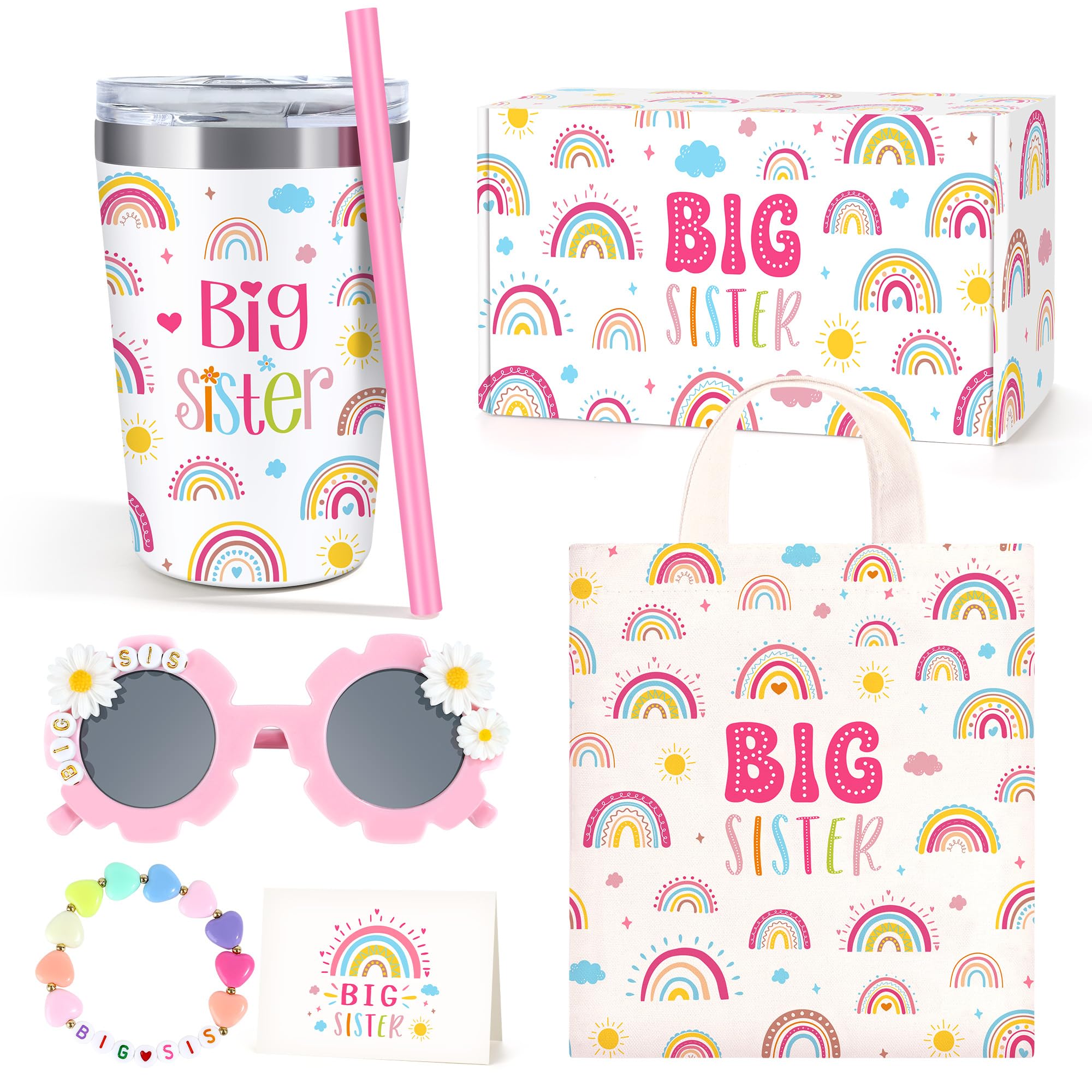 Big Sister Gifts for Girls, 5PCS Promoted to Big Sister Announcement Gift Includes 12OZ Tumbler Cup Sunglasses Bracelet Canvas B