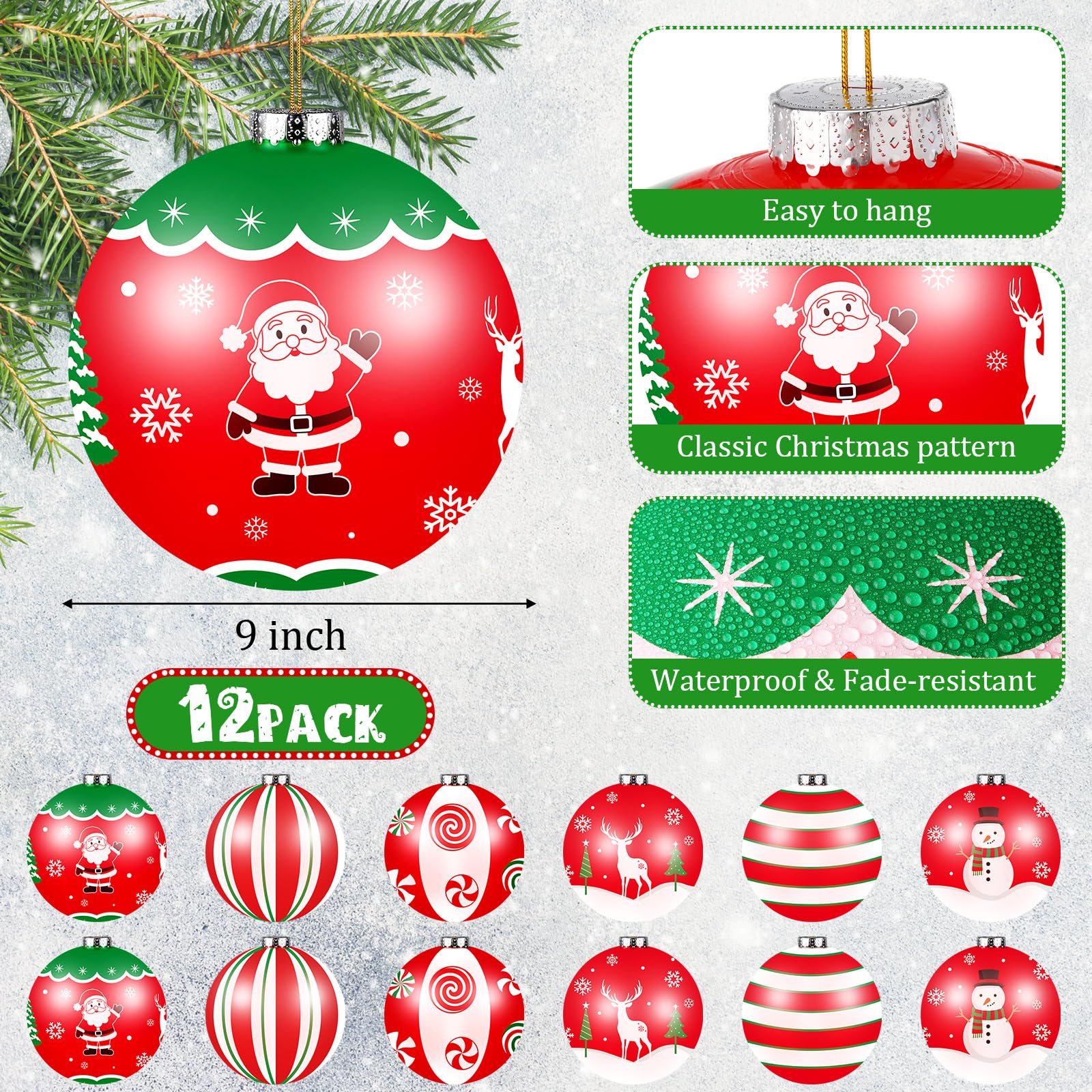 Jetec 12 Pcs Christmas Inflatable Balls 9 Inch Large Christmas Outdoor Ornaments Xmas Hanging Decorations for Winter Holiday Out