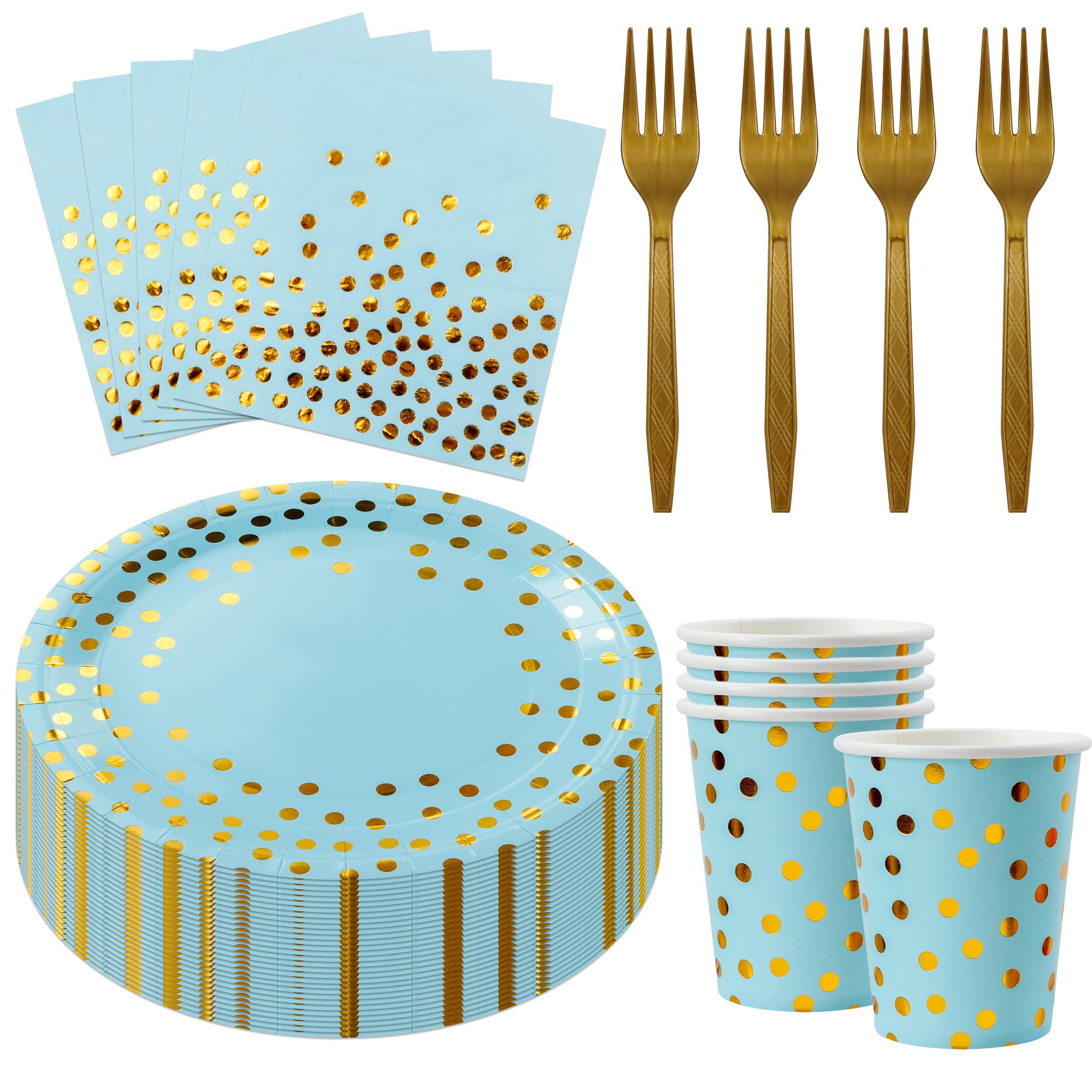 Sveikie160 Pcs blue And Gold Paper Plates, Birthday Cake Party Plates And Napkins, Wedding Disposable Utensils For Birthday Grad
