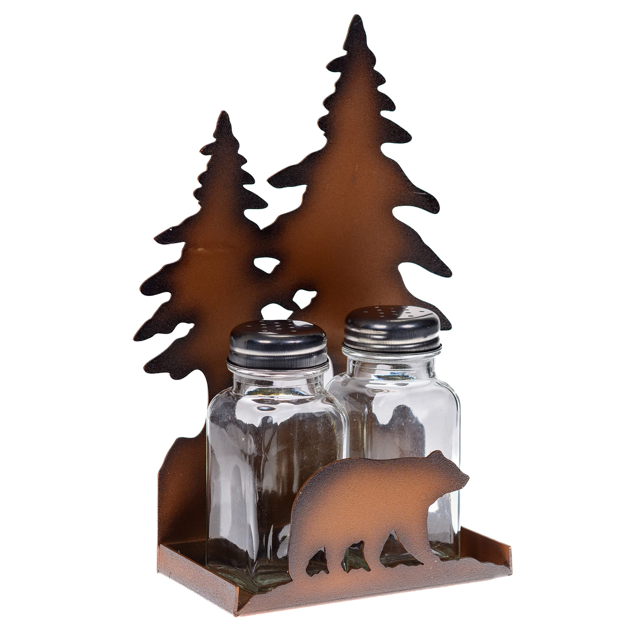Pine Ridge Metal Bear Salt And Pepper Shaker Set - Two Glass Shakers  Metal Bear Holder Caddy For Spices And Seasonings  For Kitchen  Dining Or Table Decor