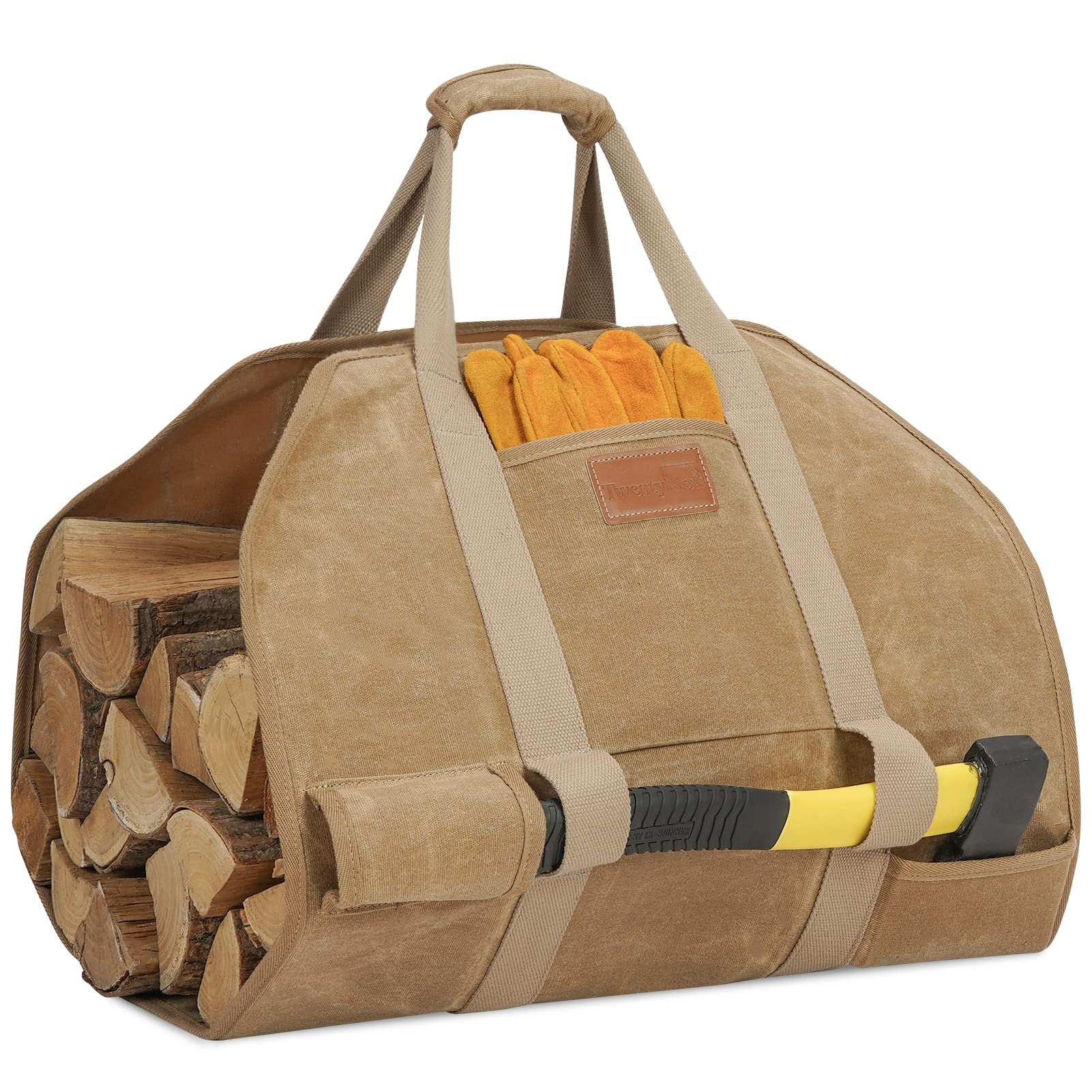 TwentyNext Firewood Log Carrier Waxed Canvas Tote Bag with Handles, Heavy Duty Firewood Holder Fireplace Wood Stove Accessories 