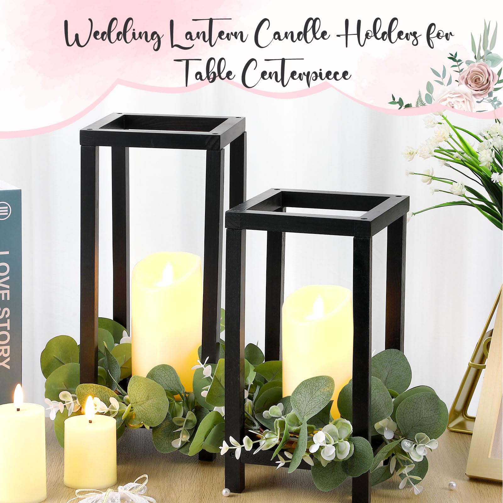 Geelin 12 Set 10.59  , 13   Black Wooden Lanterns for Wedding Centerpieces Include 12 Wooden Lantern 12 LED Candle 12 Eucalyptus