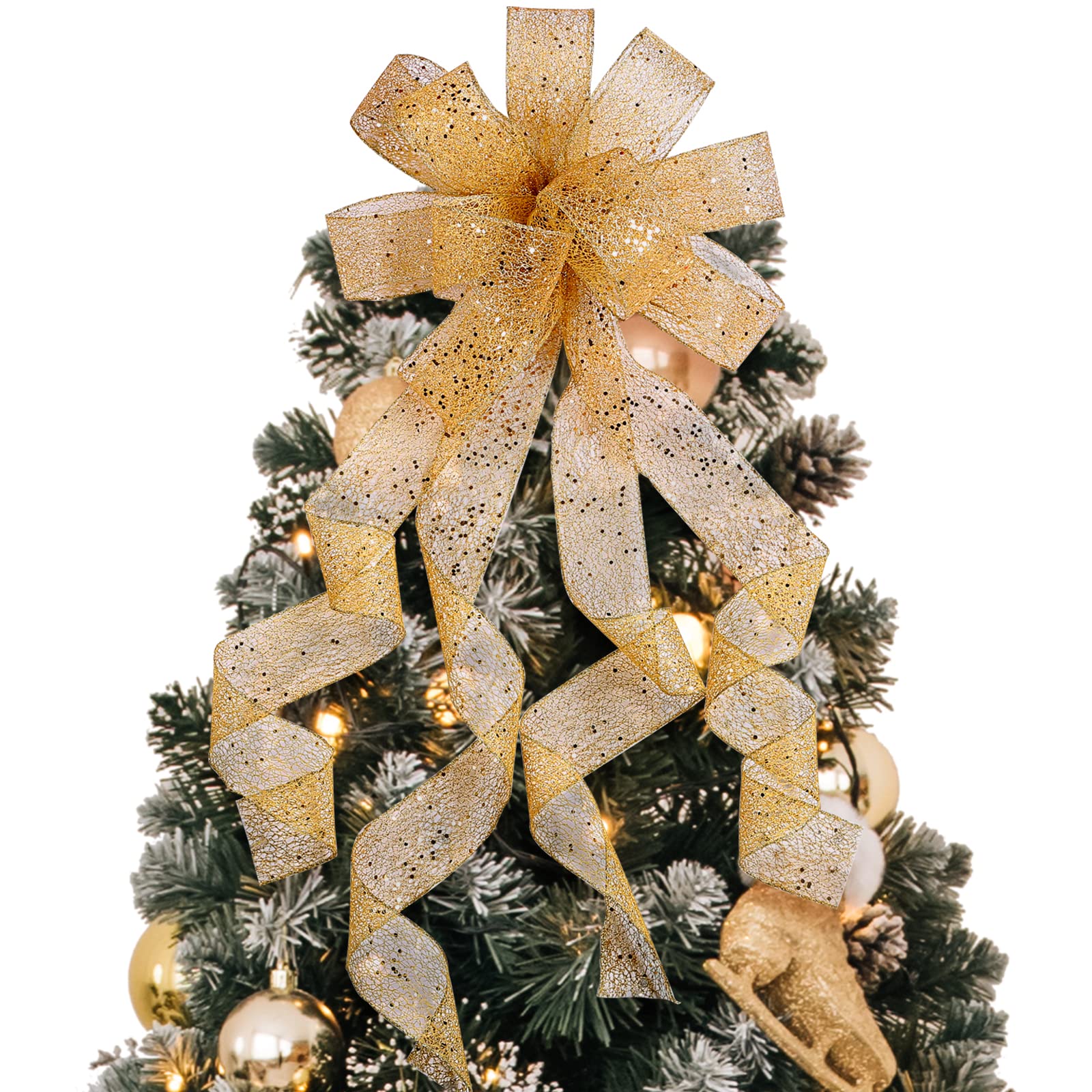 GWHOLE Gold Glitter Christmas Tree Toppers, 40 x 12 Inch Ribbon Bows for Christmas Tree House Xmas Decoration Supplies (Champaig