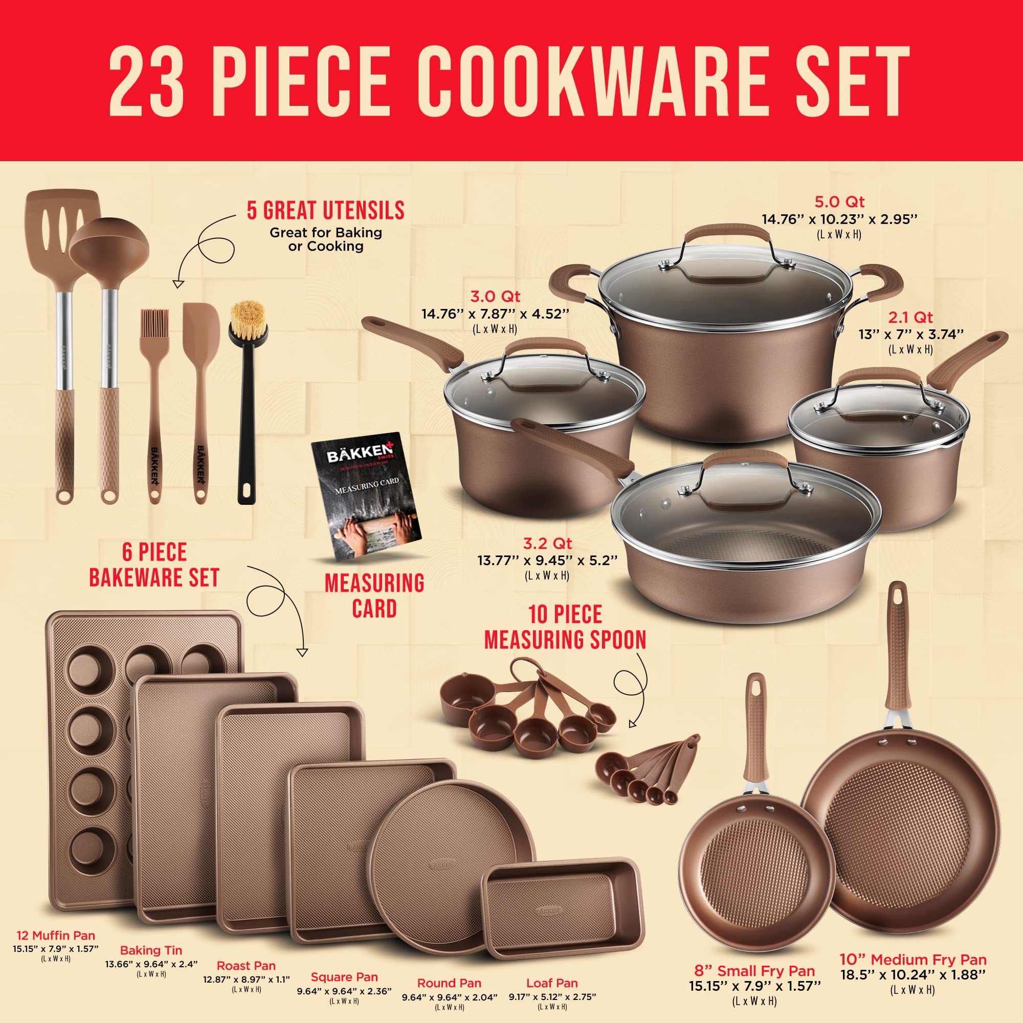 Cookware Set - 23 Piece -Gold Multi-Sized Cooking Pots with Lids, Skillet Fry Pans and Bakeware - Reinforced Pressed Aluminum Me