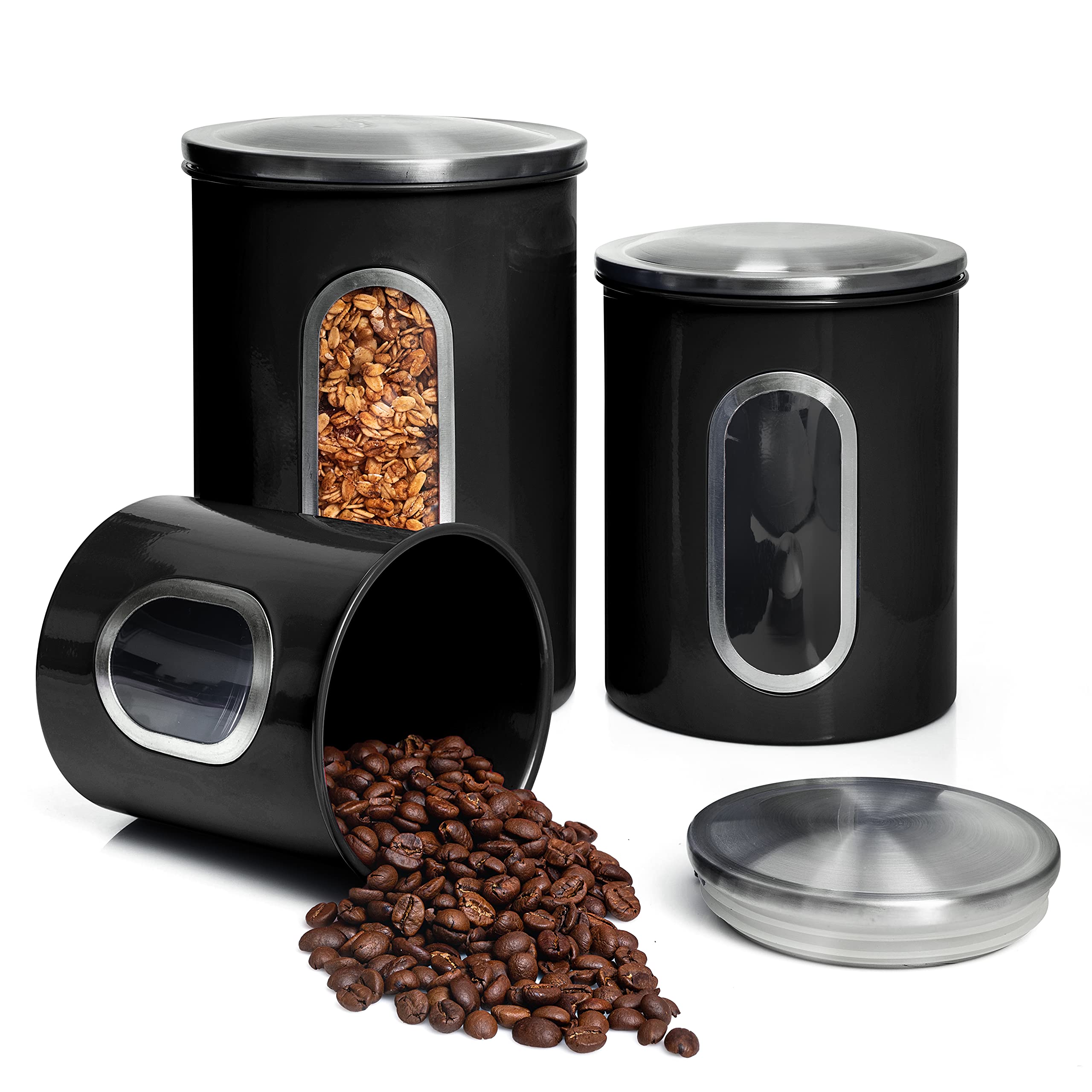 Mixpresso 3 Piece Black Canisters Sets For The Kitchen, Kitchen Jars With See Window, Airtight Coffee Container Tea Organizer & 