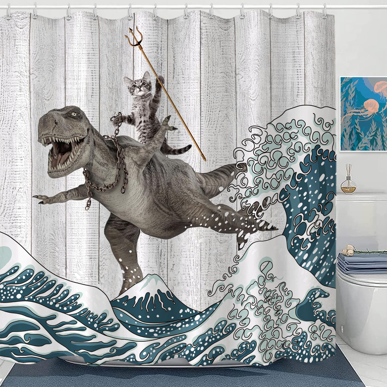 Fungarth Funny Cat Shower Curtain Dinosaur Ocean Sea Wave Shower Curtains For Bathroom Cool Waterproof Fabric Rustic Wooden Farm