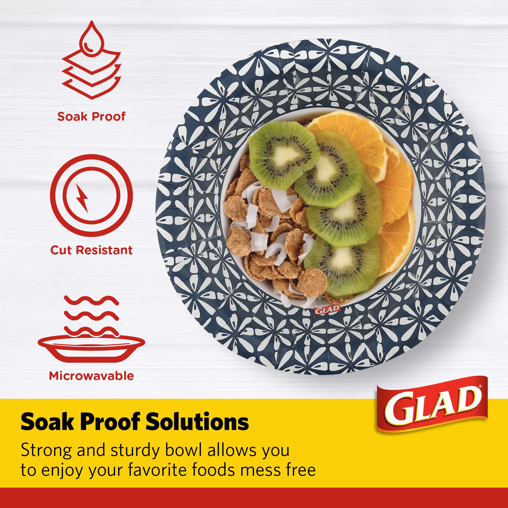 Glad Disposable Paper Bowls With Blue Mosaic Design, 16 Ounces, Soak Proof, Cut-Proof, Microwaveable, 300 Count | Strong And Hea