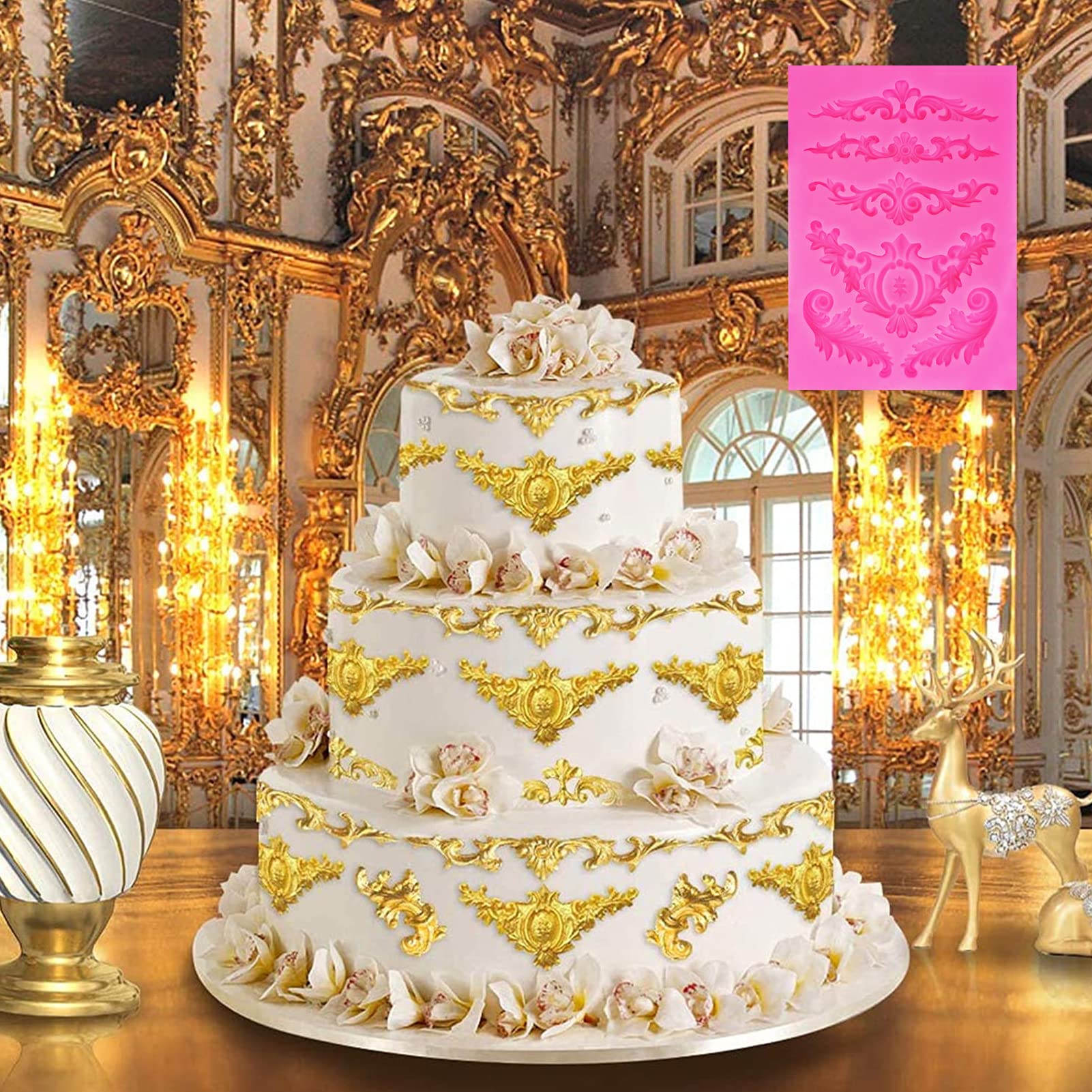 Rainmae 6 Pcs Baroque Style Curlicues Scroll Lace Fondant Silicone Mold, Relief Flower Lace Mould Filigree Mold 3D Sculpted Deco