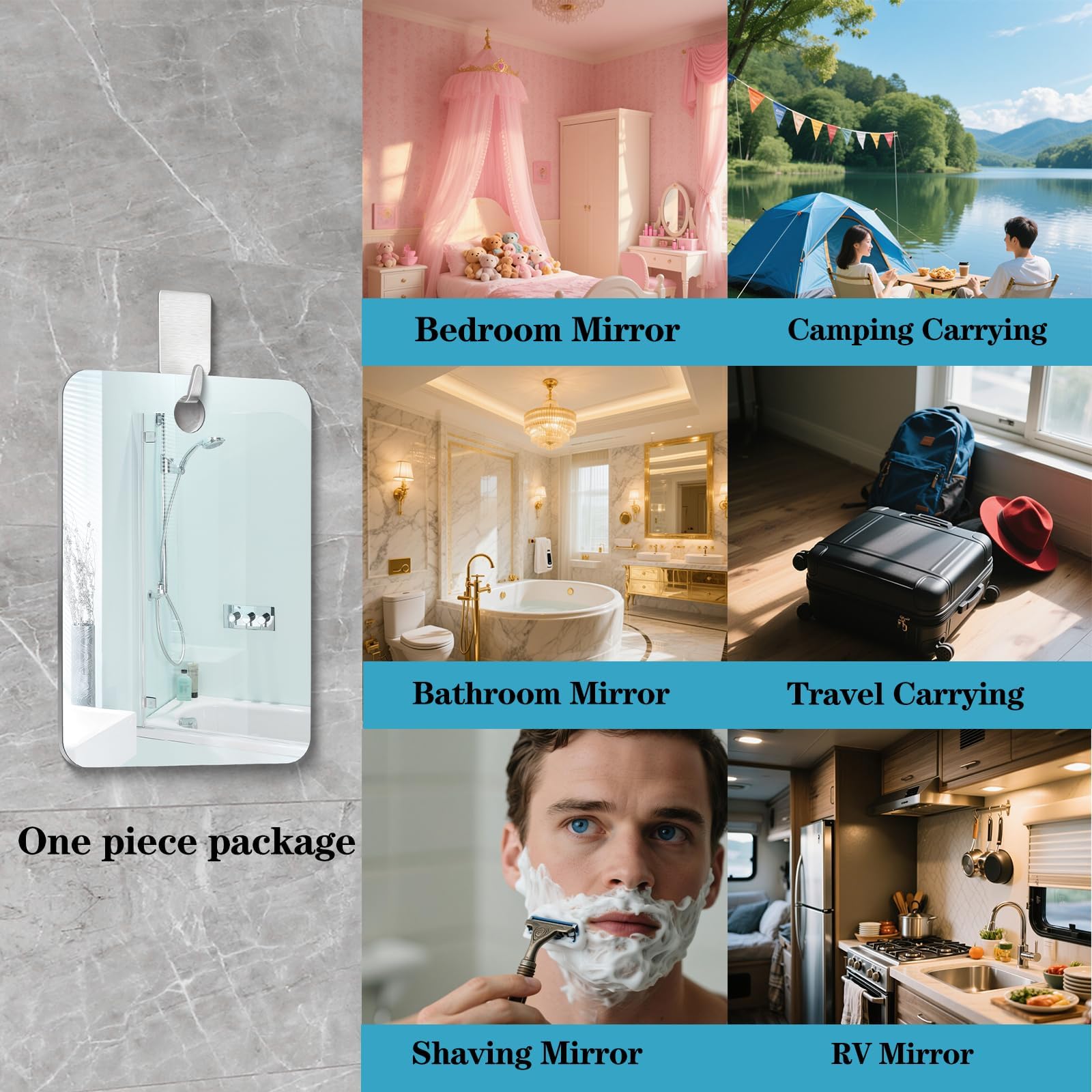 Shower Mirror Fogless for Shaving, No Fog Shaving Mirror, Anti-Fog Makeup Small Mirror Bathroom Accessories Travel Camping, Shat