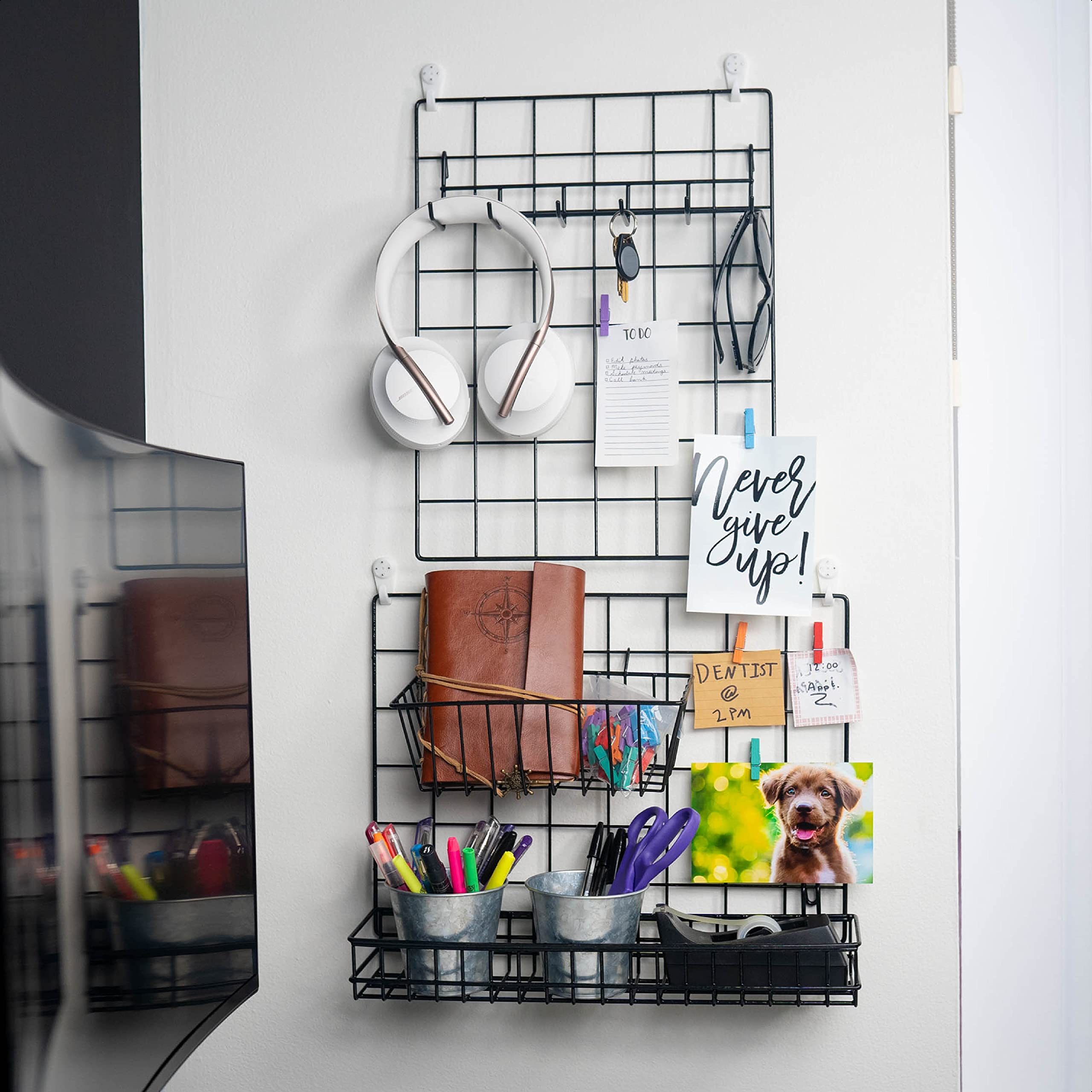Odoxia Hanging Baskets & Hooks Rack | Wall Grid Accessories For Wire Wall Grid Panel | Grid Panel Accessories | Wire Wall Basket