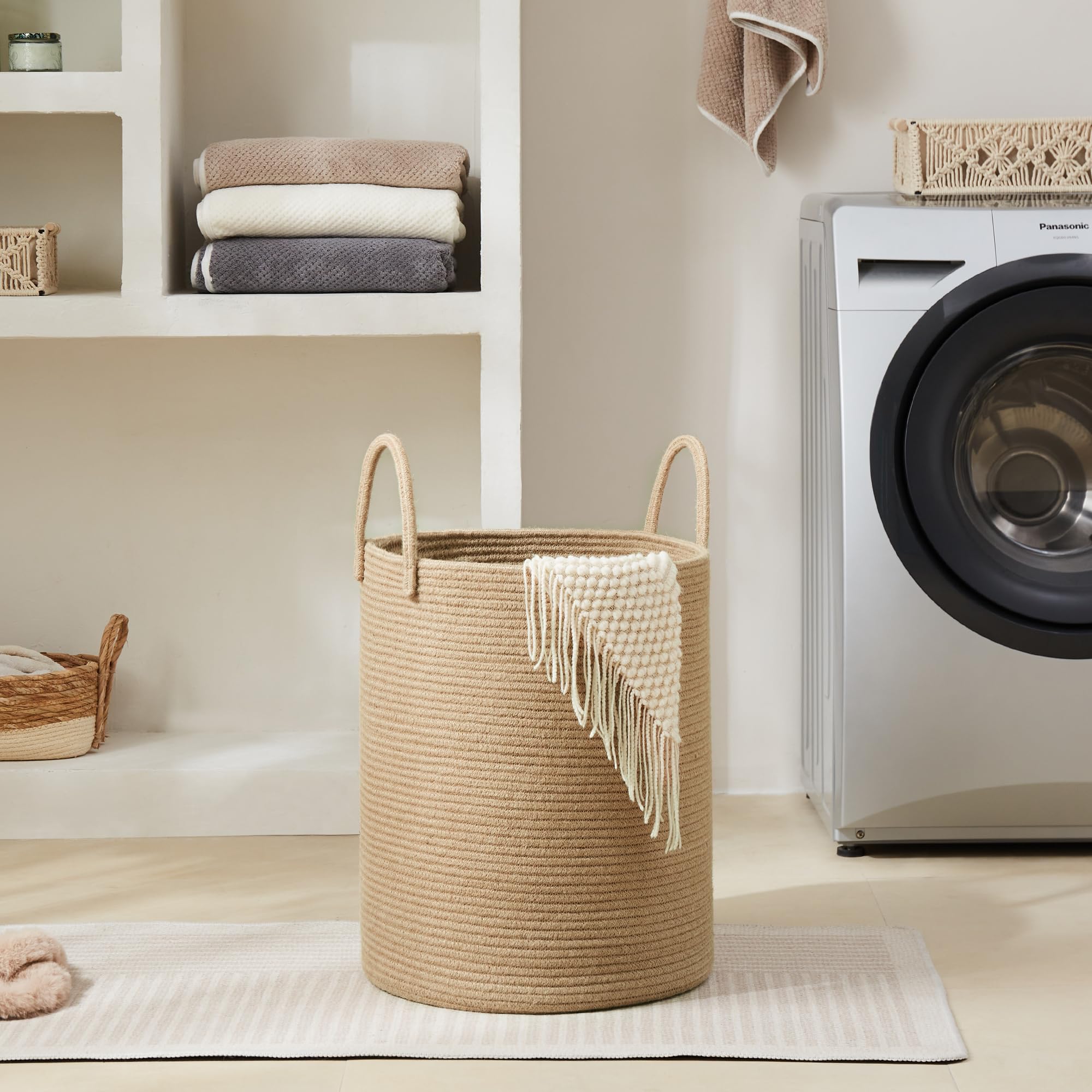 Youdenova Cotton Laundry Hamper, 58L - Woven Collapsible Storage Basket - Jute Brown