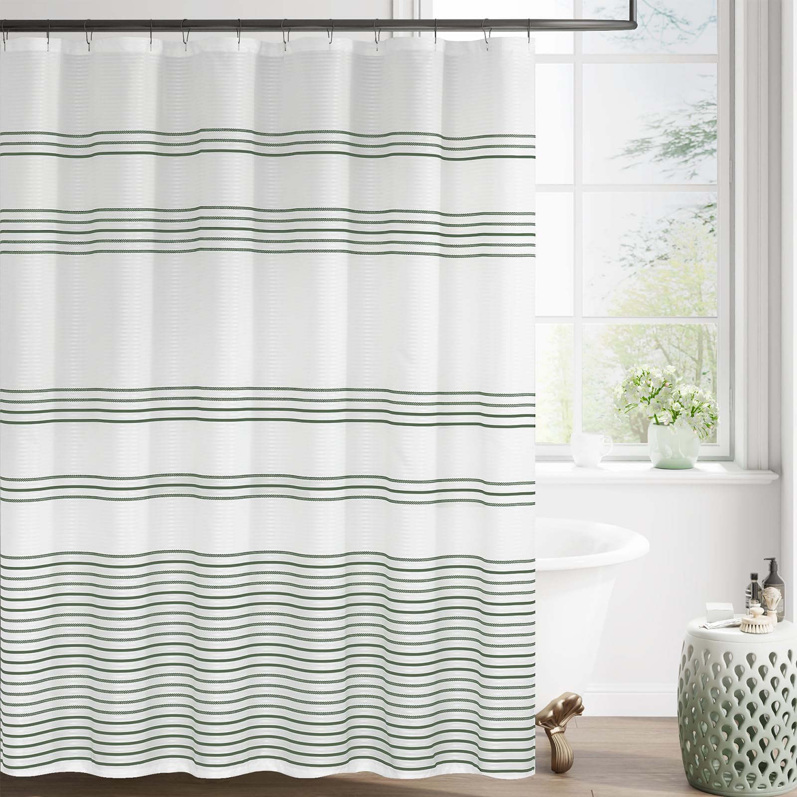 jinchan White Shower Curtain with Green Stripes Fabric Shower Curtain for Bathroom Modern Striped Shower Curtain Spring Waterproof in Bath 70x72 inches Long Shower Curtains with Curtain Hooks