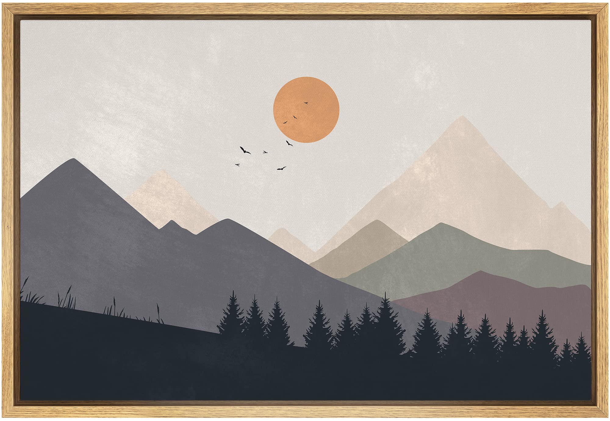 Signford Framed Canvas Print Wall Art Pastel Watercolor Mountain Ranges Nature Wilderness Illustrations Modern Art Decorative Bo