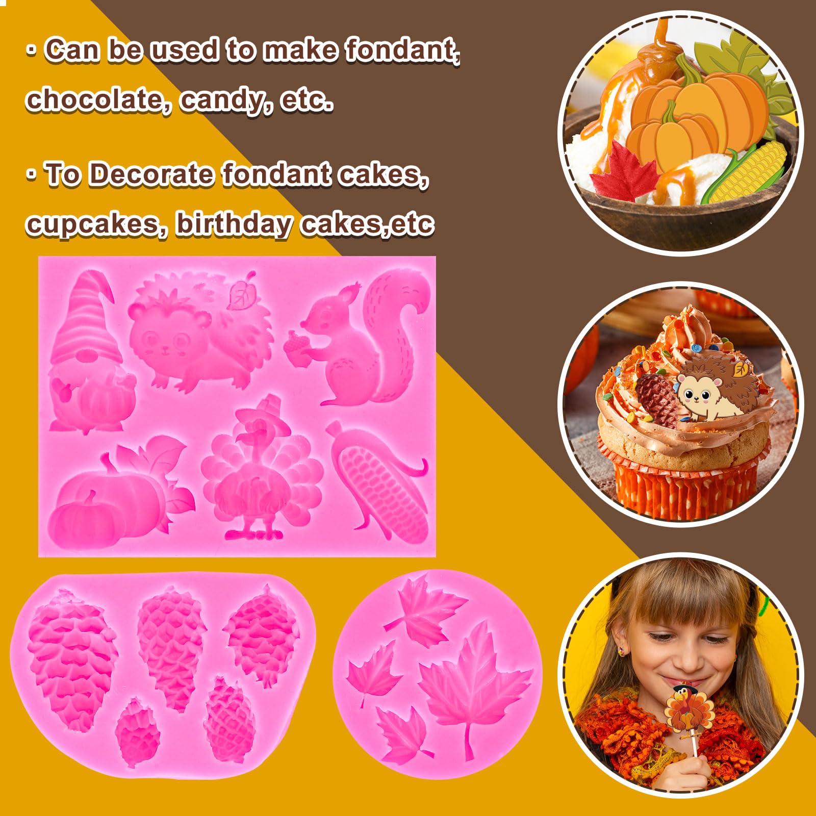 Whaline 3Pcs Fall Animals Fondant Molds Hedgehog Squirrel Turkey 3D Silicone Moulds Maple Leaf Pine Cone Pattern Resin Molds Aut