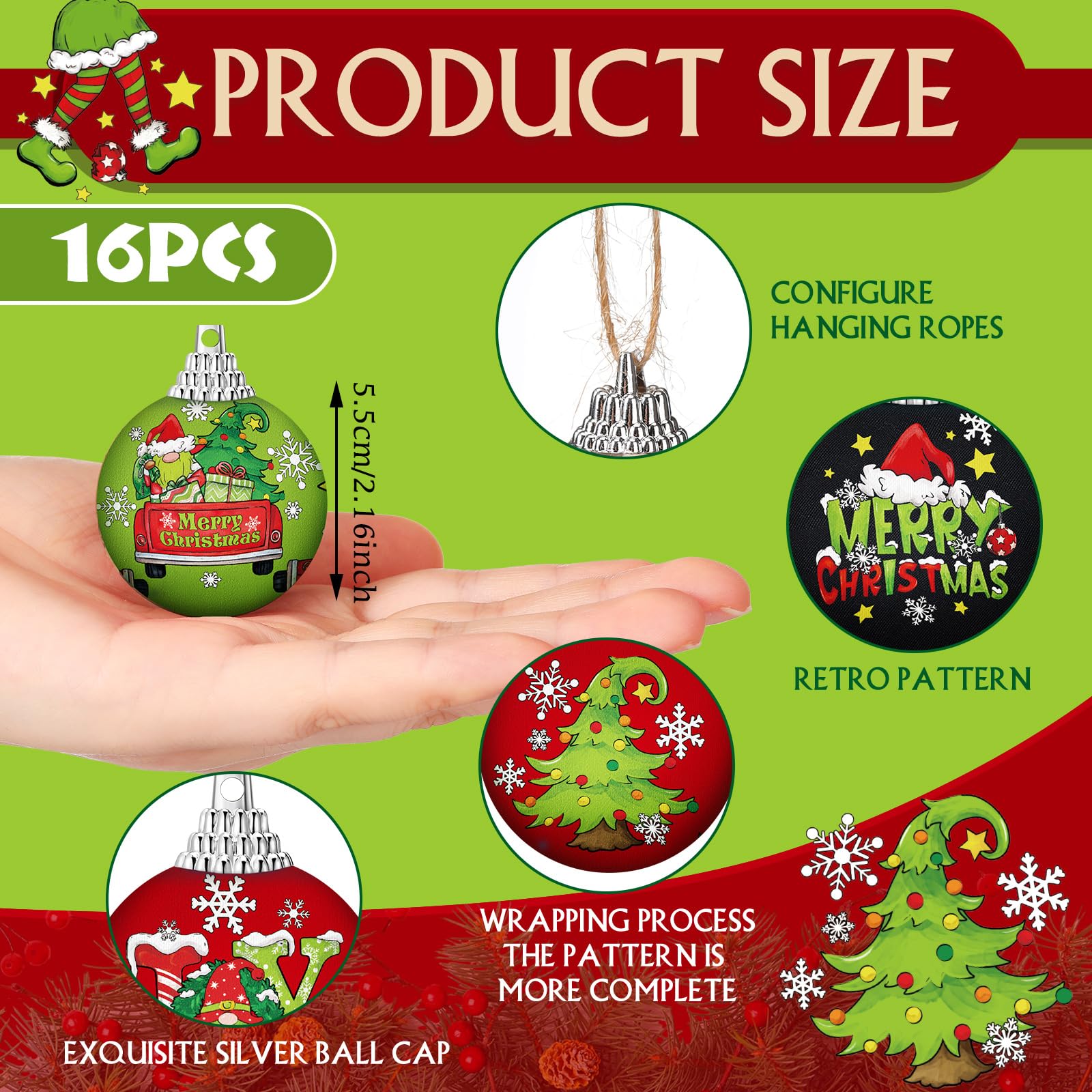 Outus 16 Pcs Christmas Ball Ornaments for Tree Red and Green Merry Christmas Hanging Ornaments Xmas Elf Balls for Tree Decoratio