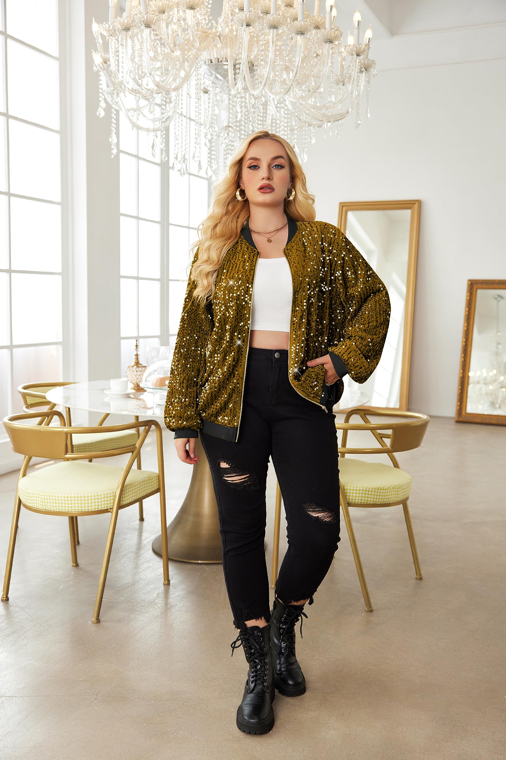 Involand Womens Sequin Jacket Plus Size Sparkle Long Sleeve Jackets Front Zip Loose Casual Blazer Bomber Jacket With Pockets