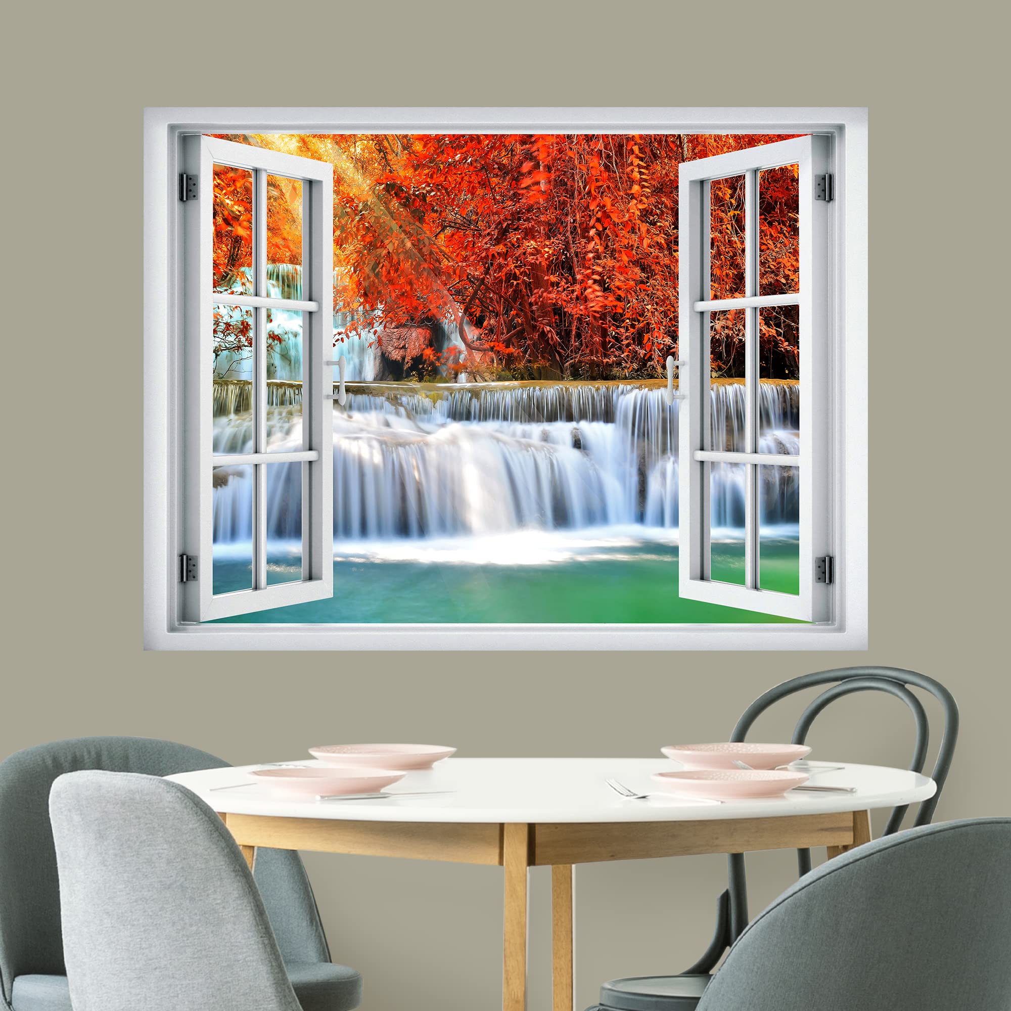 wall26 Removable Wall Sticker/Wall Mural Window View Vibrant Neon Autumn Orange Tree River Rapids Nature Wilderness Photography Landscape Multicolor for Living Room  Bedroom  Office - 36''x48''