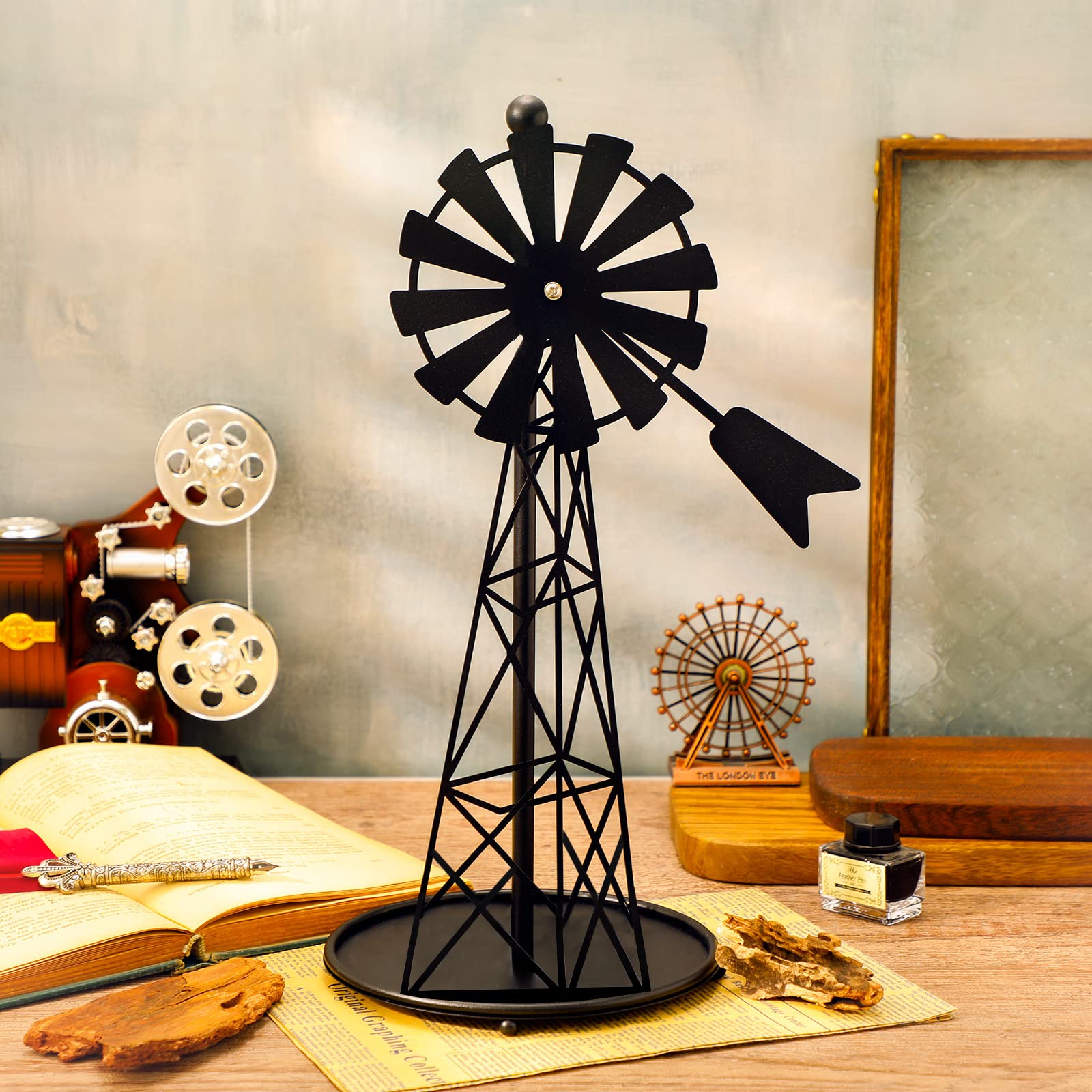 Vesici Windmill Paper Towel Holder Western Standing Paper Towel Roll Holder Black Countertop Roll Holder Metal Farmhouse Farm De