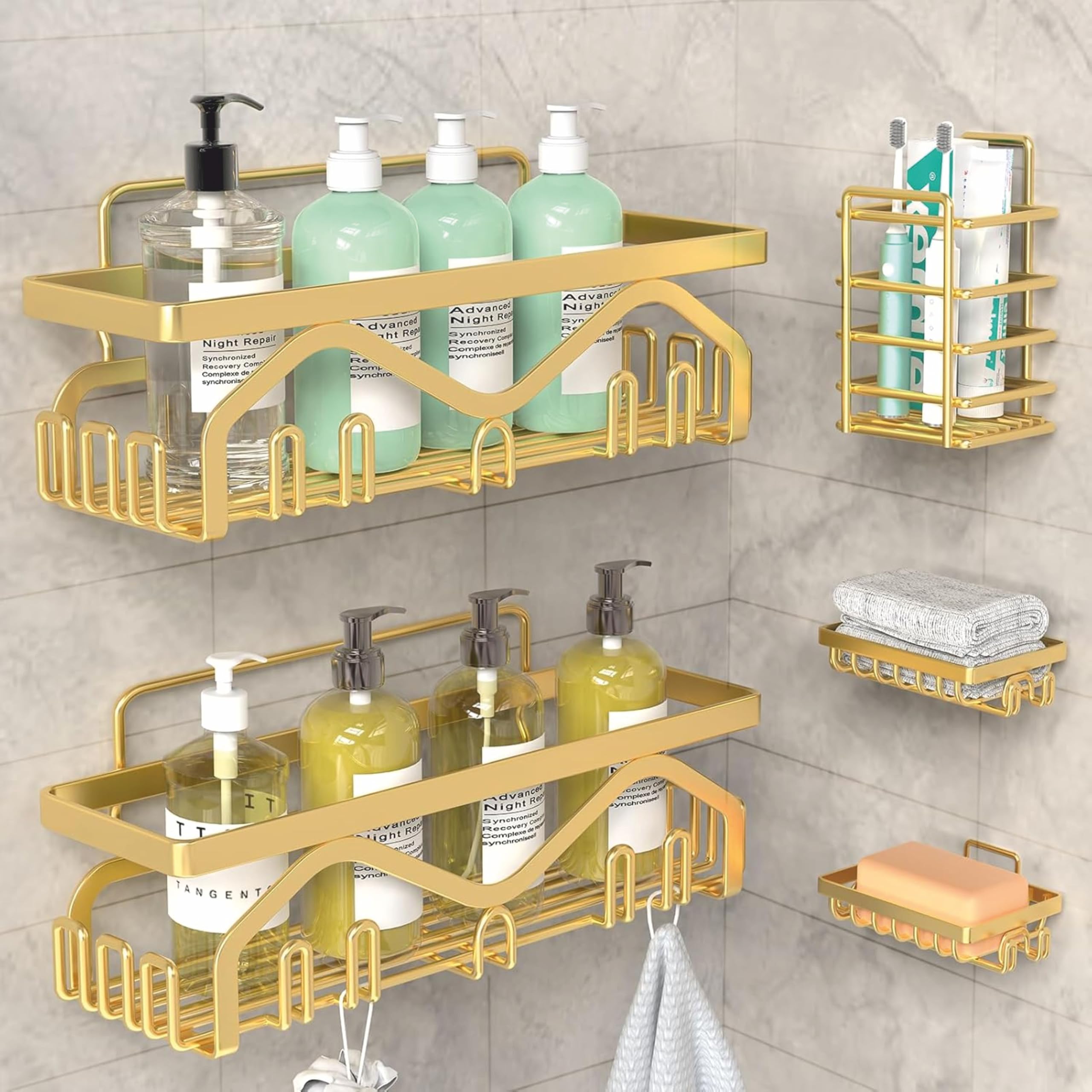 Jialto 5 In 1 SelfAdhesive Bathroom Organizer Combo  No Drill Wall Mounted Shelf Stand With Metal Racks, Toothbrush Holder, So
