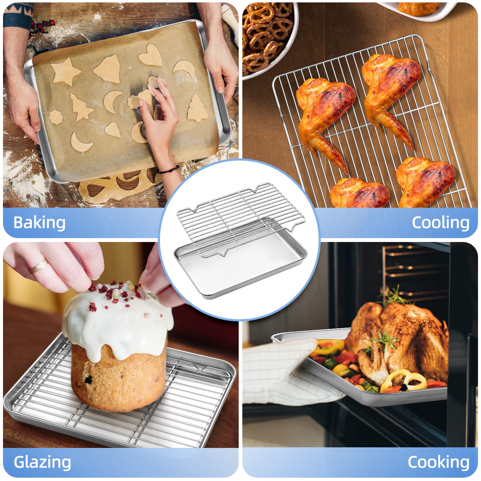 Baking Sheet With Rack, Zacfton Stainless Steel Cookie Sheet Baking Pan With Cooling Rack, Eighth Sheet Pan Toaster Oven Tray Wi
