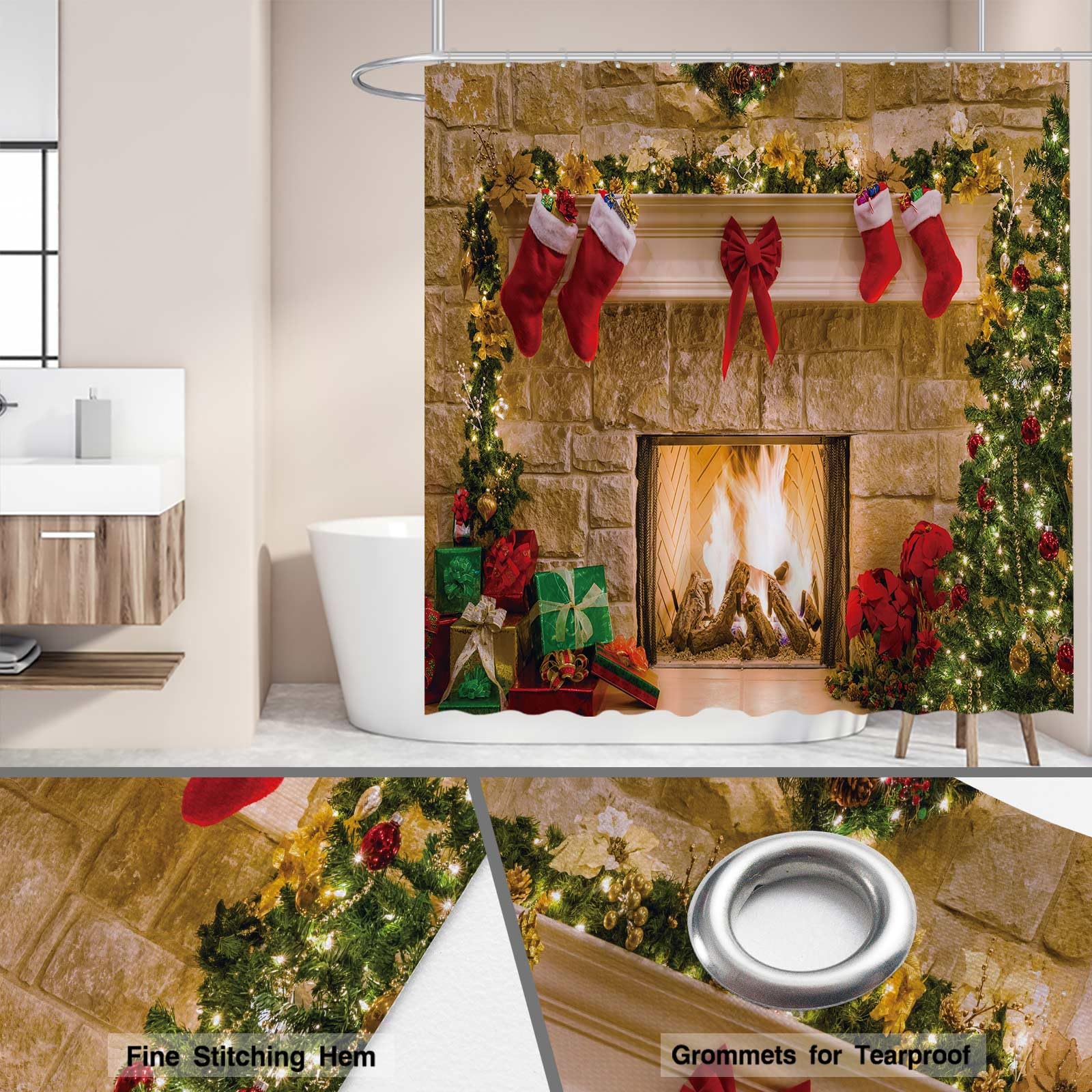 Funnytree 72''X72'' Christmas Fireplace Winter Interior Xmas Tree Stockings Home Shower Curtain For Bathroom Decor Machine Washa