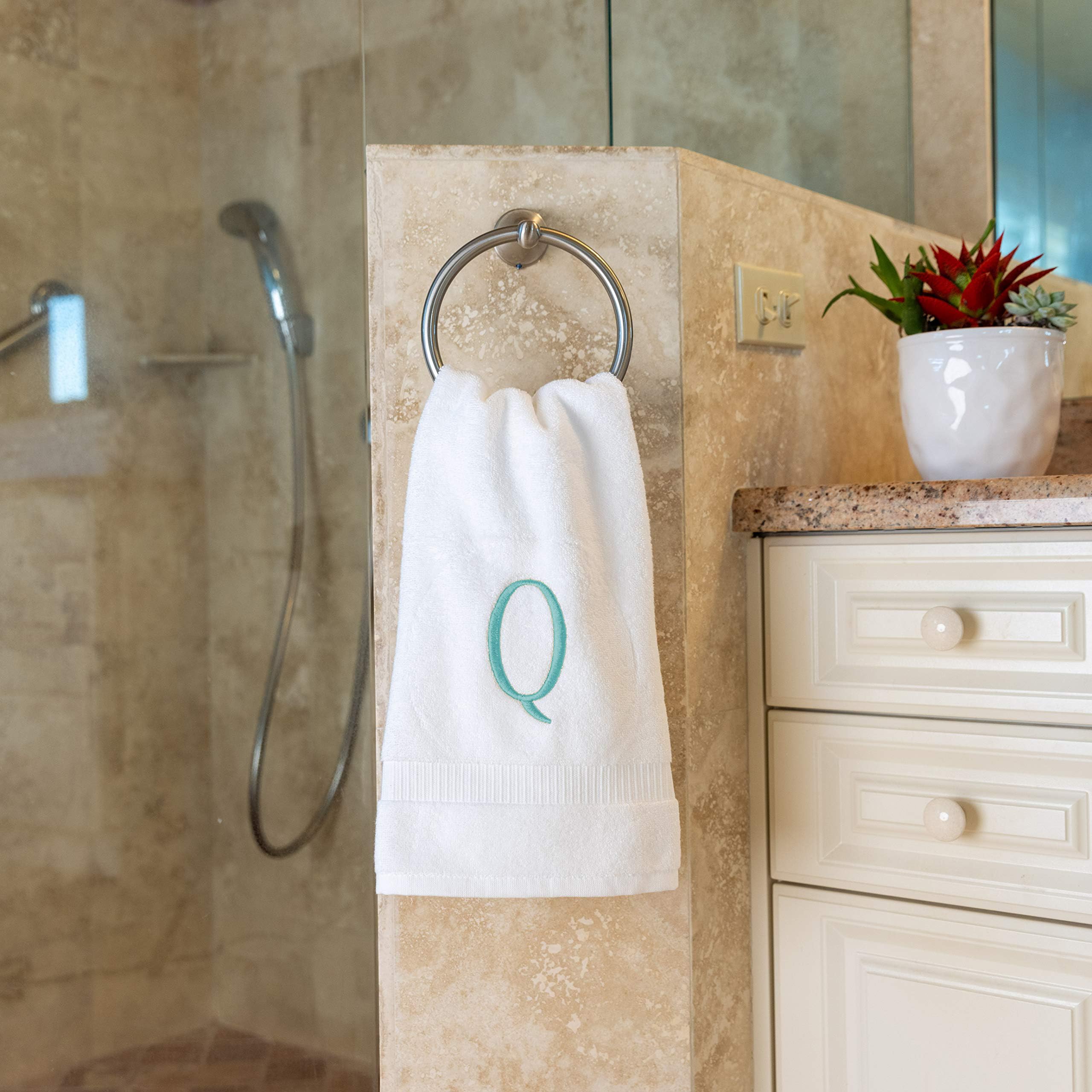 Teal Powder Room Hand Towel - Monogram Initial Hotel Quality Decorative Embroidered Luxury Towel For Spa - Gots Organic Certifie