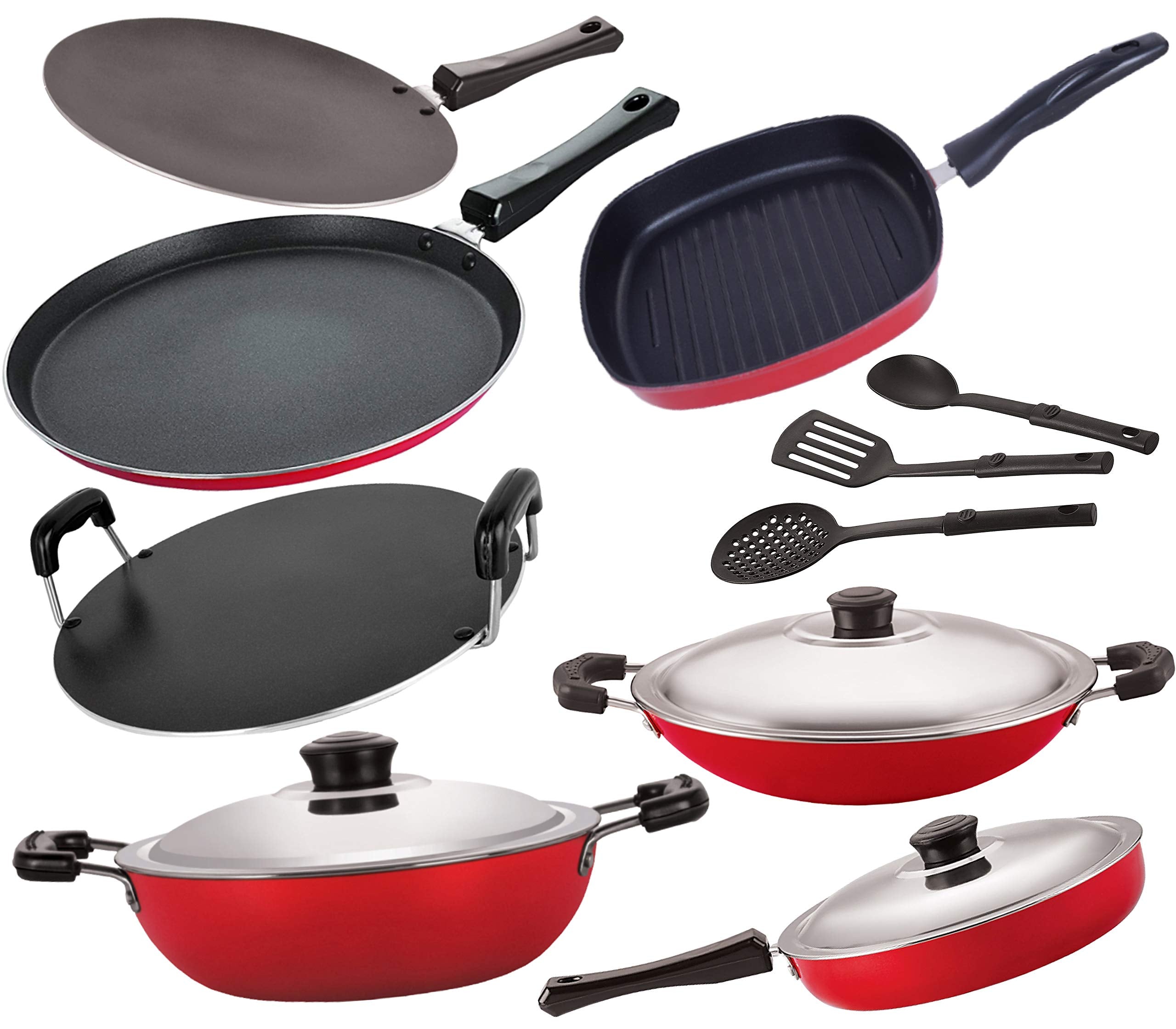Nirlon NonStick Heavy Gauge Aluminium Kitchen Items  10 Pieces, Red [Ft12_Ct12_Fp12_Dkd(B)_Ac_Rt_Gp24_3Spn]