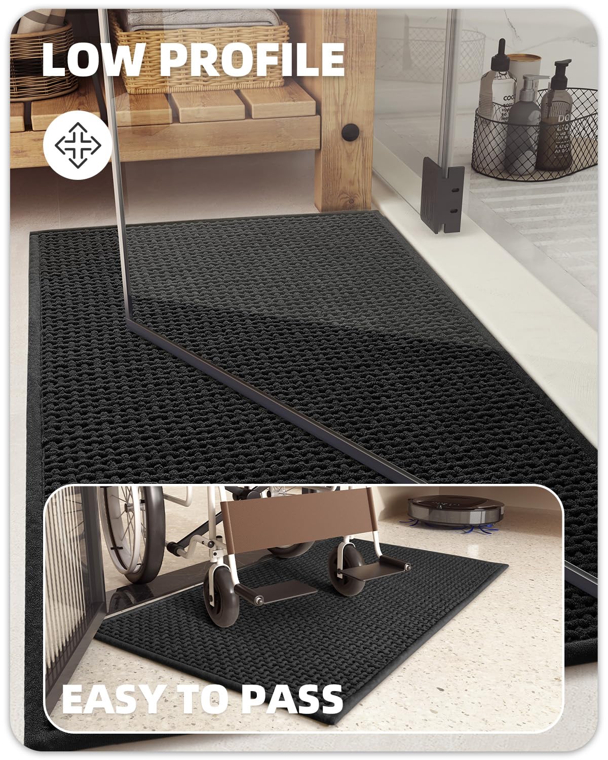 Color&Geometry Long Bathroom Runner Upgraded Denser Chenille Pile, 17''X47'' Non Slip Absorbent Black Bath Mats For Bathroom Thi