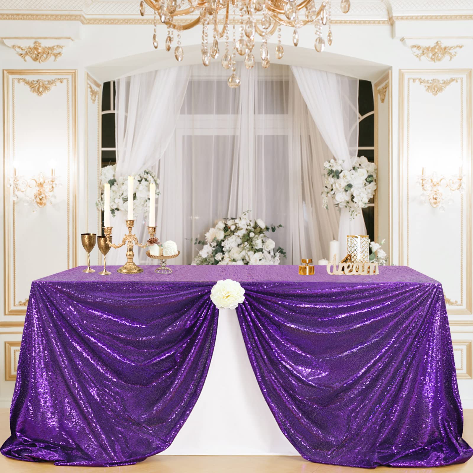 B-Cool Purple Sequin Tablecloth 60X102 Inch Sparkly Table Cloth Purple Table Drape Overlay For Wedding Halloween Birthday Party