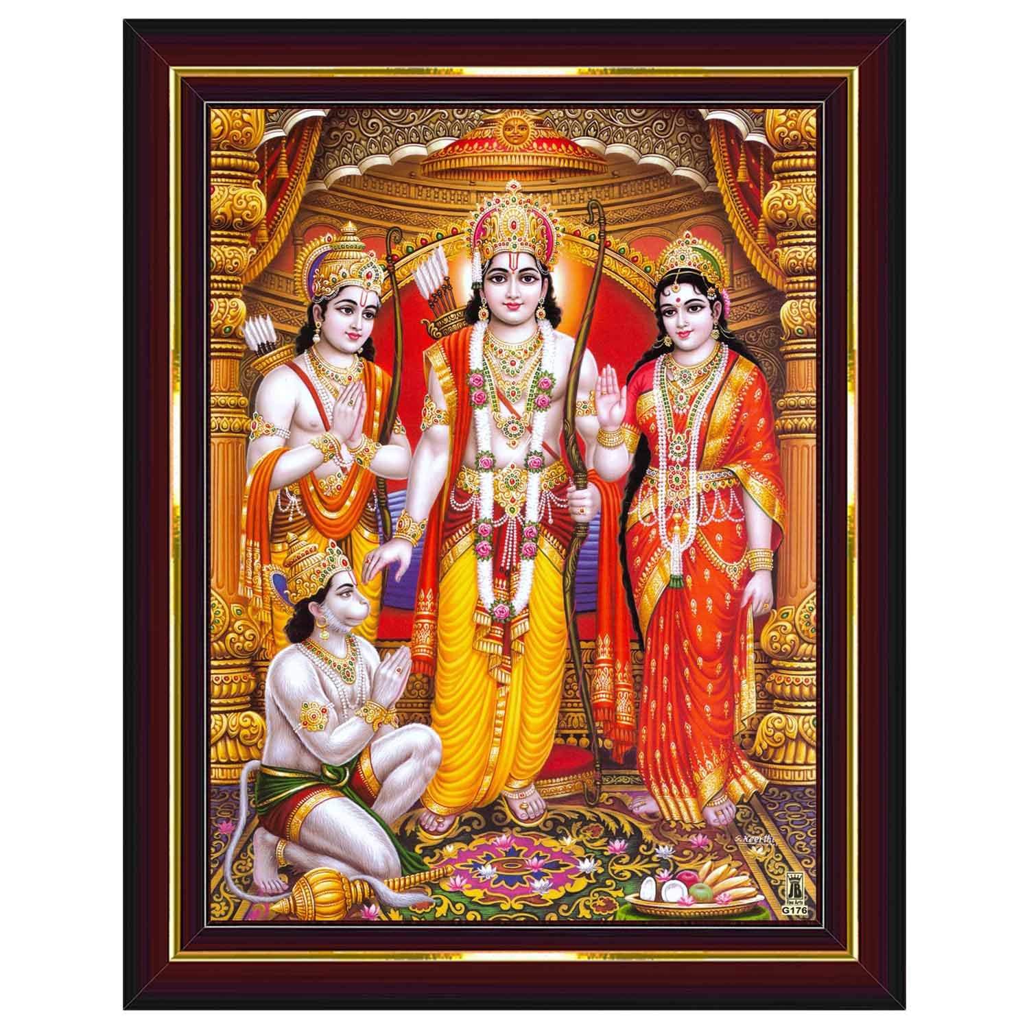 Pavan Photo Laminations Ram Darbar Lord Shri Rama Sita Parivar Family Wall Painting Framed Home Decor (Wood,Matte,Brown,Big Size