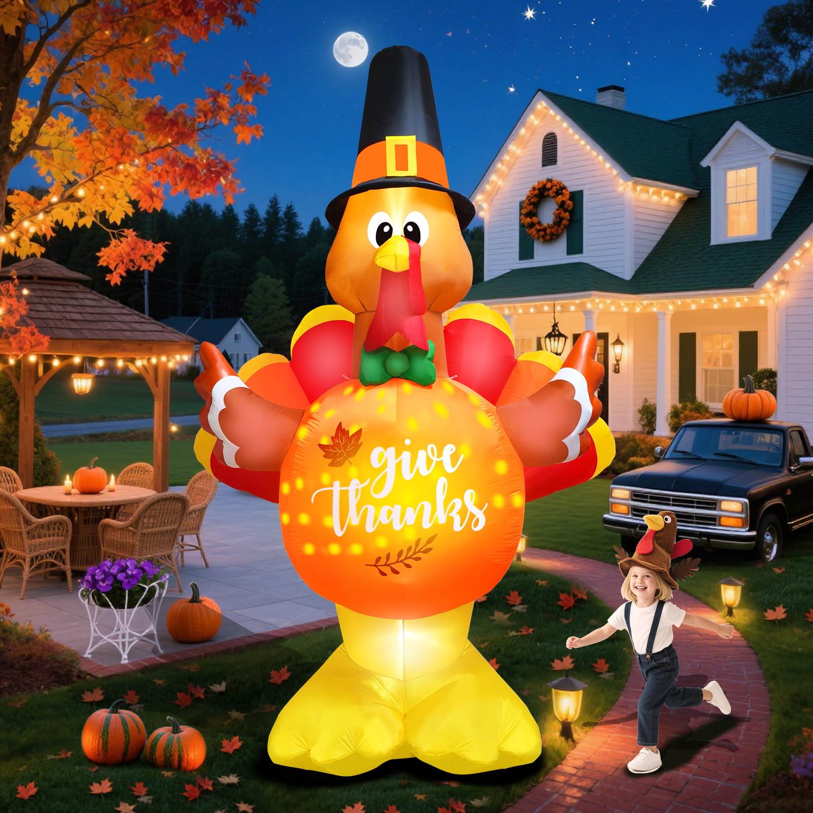 inslife 10FT Tall Thanksgiving Inflatables Turkey with Pumpkin Belly, Blow Up Turkey inflatables Built-in Rotating Snowflake Lig