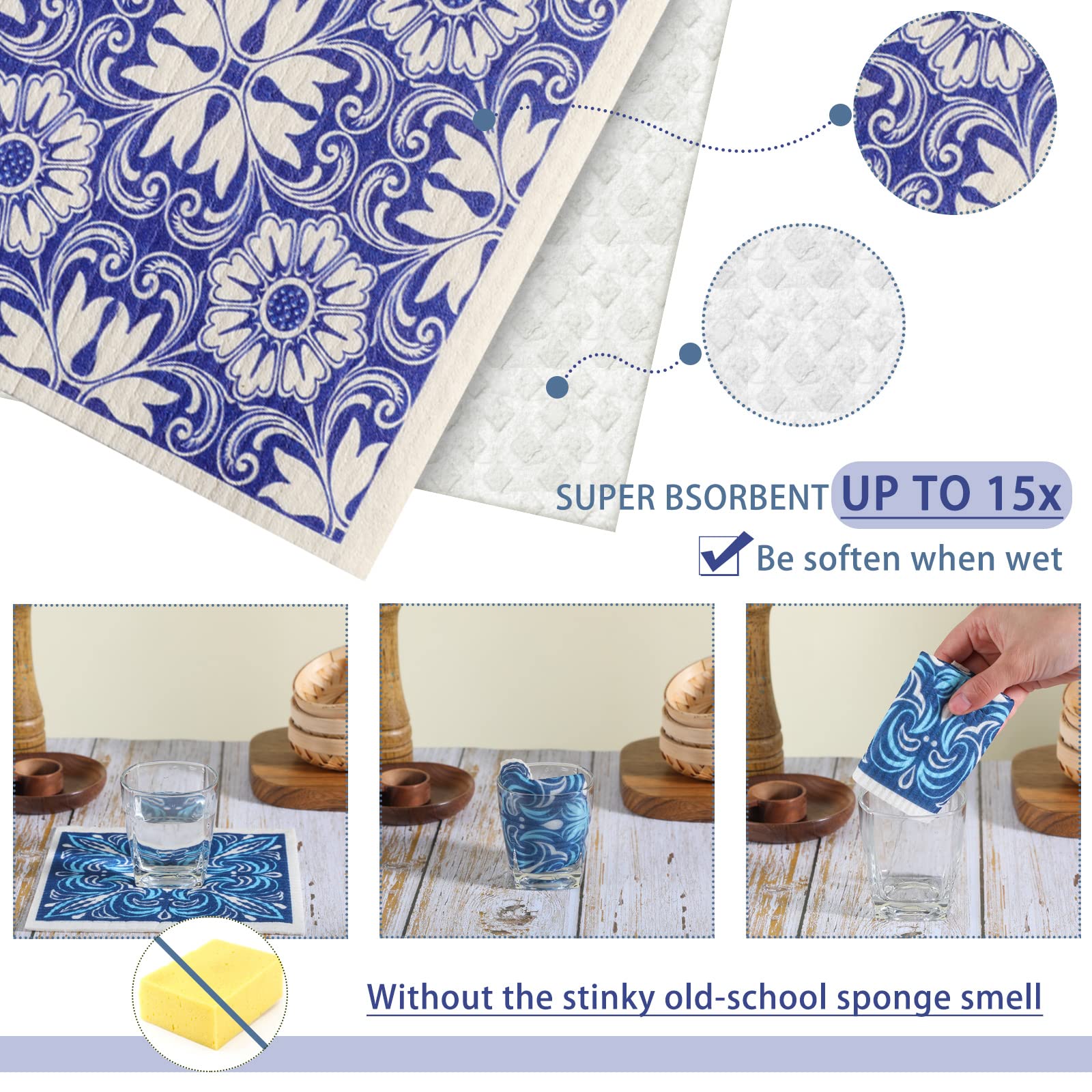 Cunhill 6 Pcs Reusable Kitchen Dish Cloths, Absorbent Cellulose Sponge, Quick Drying, Small, Blue Plaid