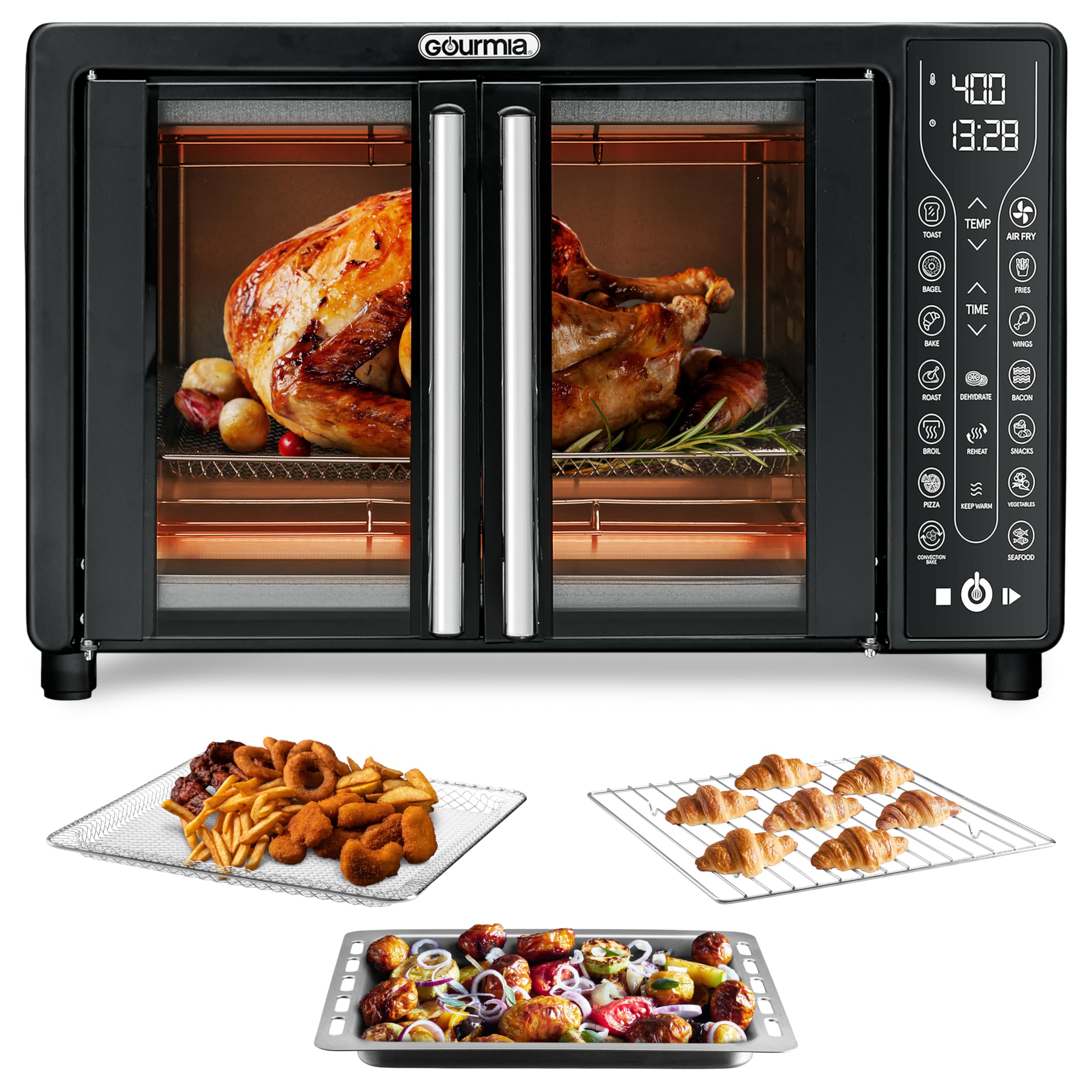 Gourmia Toaster Oven Air Fryer Combo 17 Cooking Presets 1700W French Door Digital Air Fryer Oven 24L Capacity Accessories, Conve