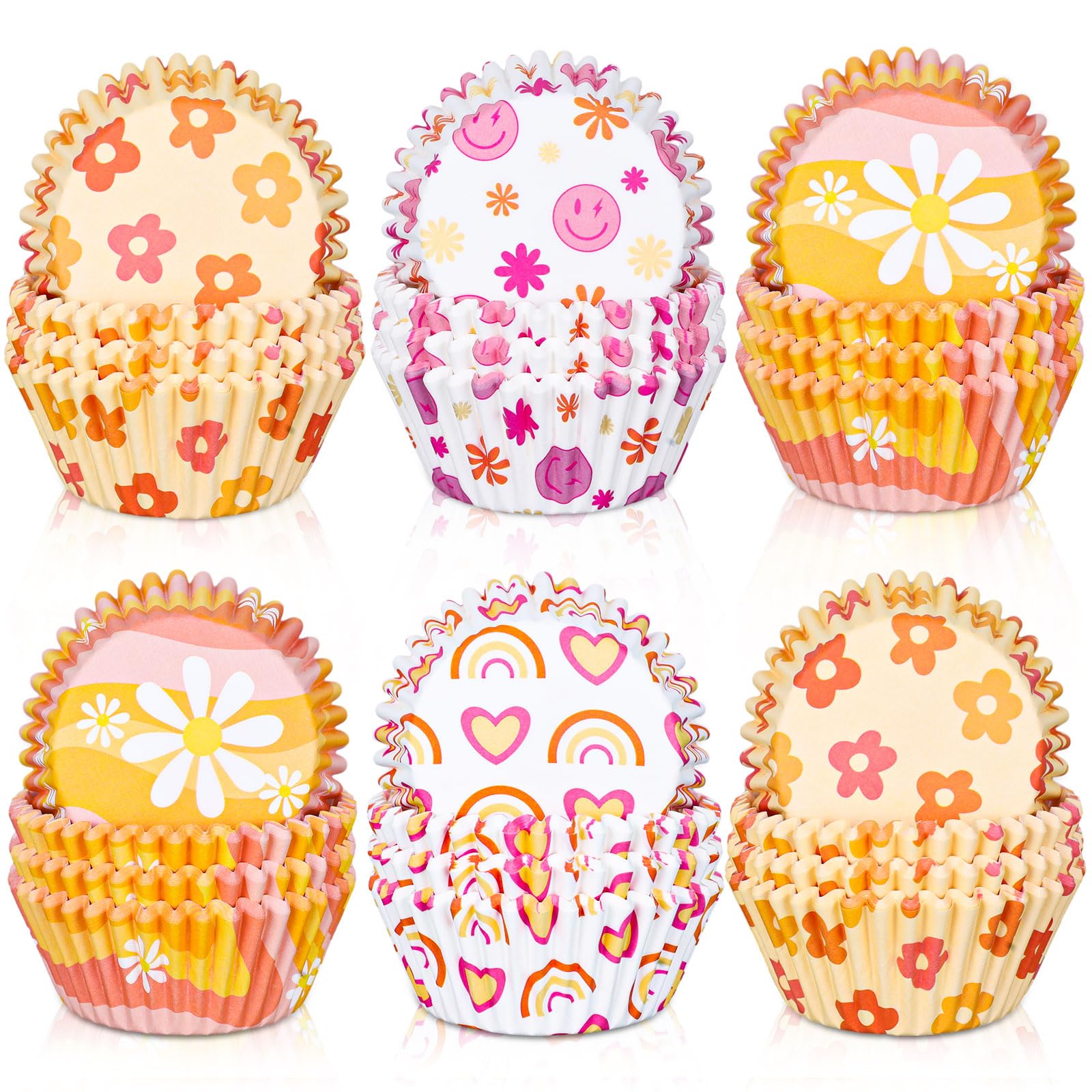 Whaline 600Pcs Boho Cupcake Liners Retro Groovy Party Cupcake Wrappers Rainbow Daisy Flower Paper Baking Cups Baking Liners For