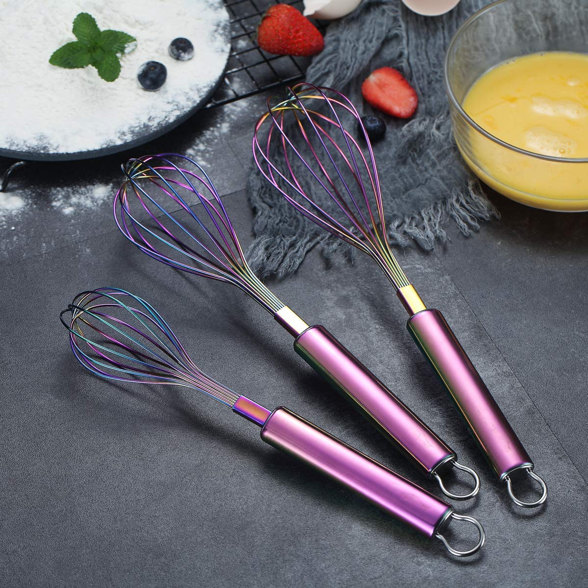 Berglander Rainbow Whisk Pack Of 3 Stainless Steel 8'',10'',12'', Titianium Plating Rainbow Whisk Colorful Whisk For Cooking, Be