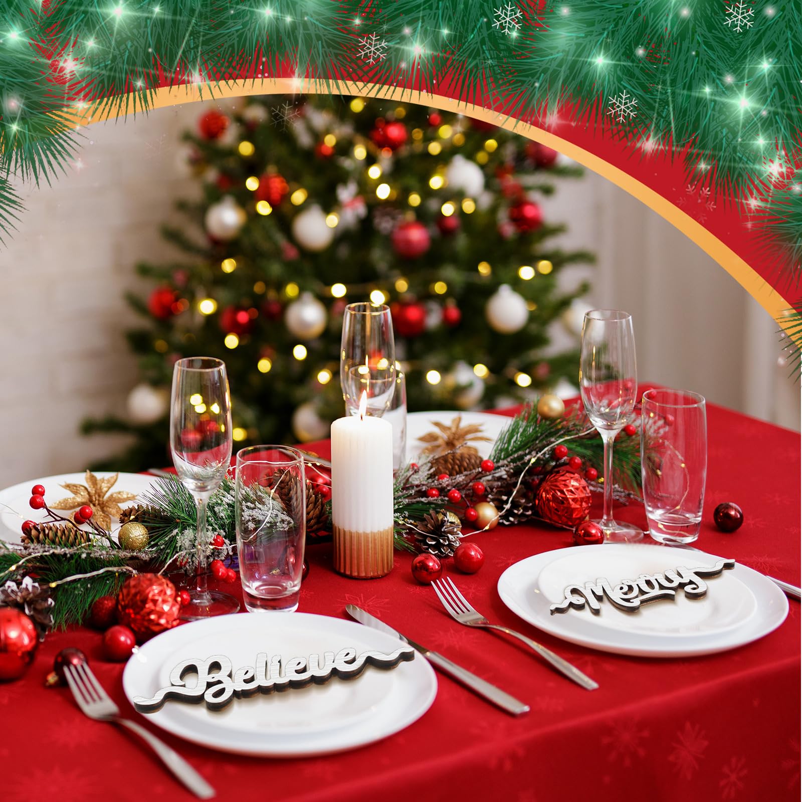 Suzile 24 Pcs Christmas Plate Wooden Letter Signs Merry Christmas Wooden Words Cutouts Wood Letter Place Card Signs Xmas Dinner