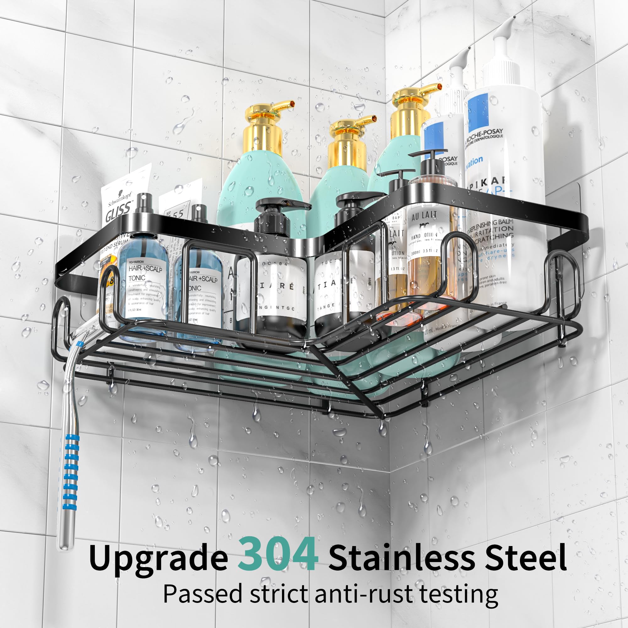 Moforoco Adhesive Corner Shower Caddy, 3 Pack Organizer Shelf With Soap Holder And 12 Hooks, Shelves Rustproof For Bathroom, Sto