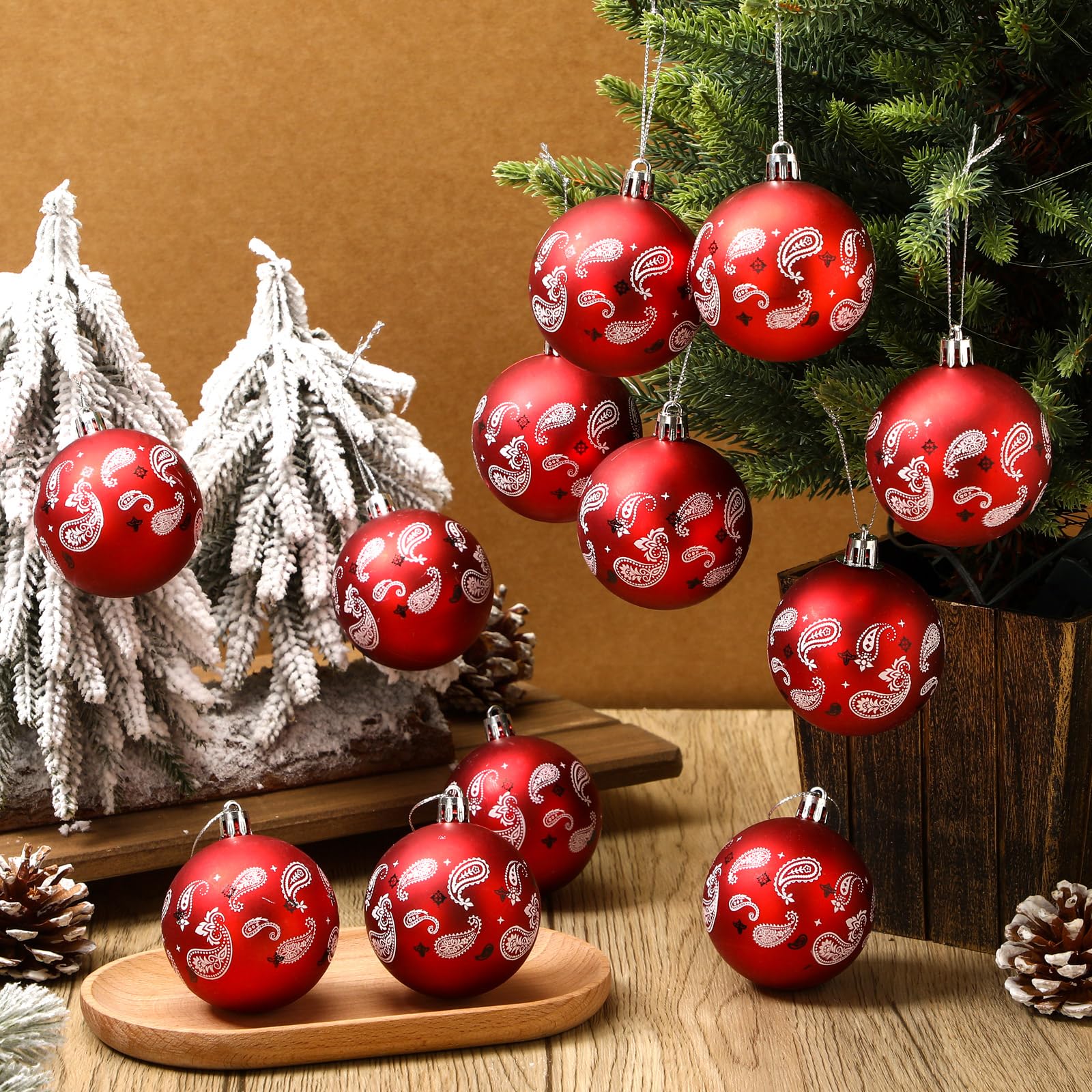 Halloscume 24 Pcs Western Christmas Tree Ornament Paisley Cowboy Bandana Printed Christmas Ball Ornaments Country Western Party 