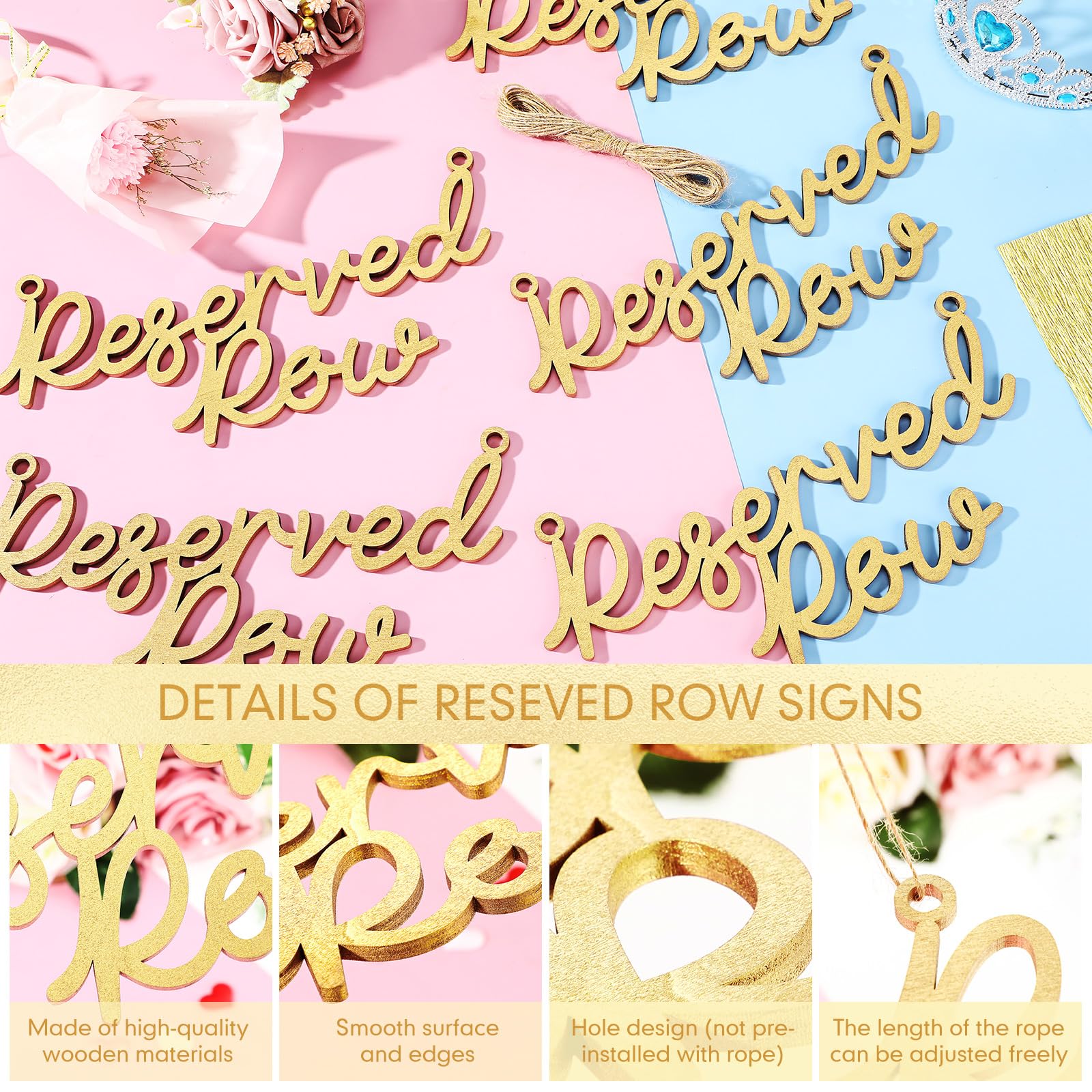 Yulejo 6 Pieces Wooden Reserved Row Signs for Wedding Chairs Wood Hanging Reserved Seating Sign with Rope Plaques Decorative for