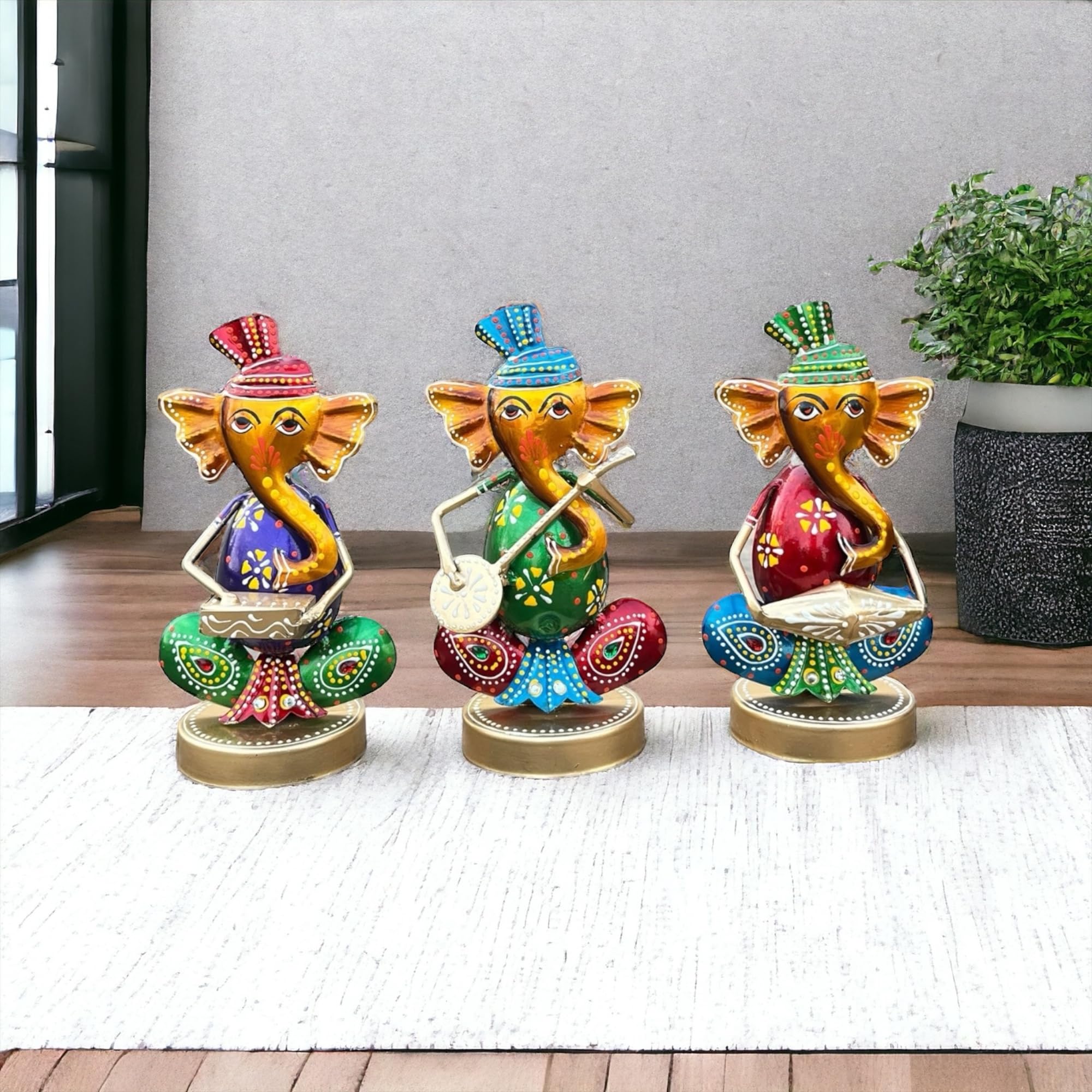 Craficial Metal Handpainted Ganesh Ji Rajasthani Musician Set Showpiece Idol For Living Room Sclupture For Home & Office Decor (